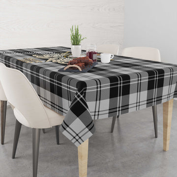 Erskine Black and White Tartan Tablecloth with Clan Crest and the Golden Sword of Courageous Legacy