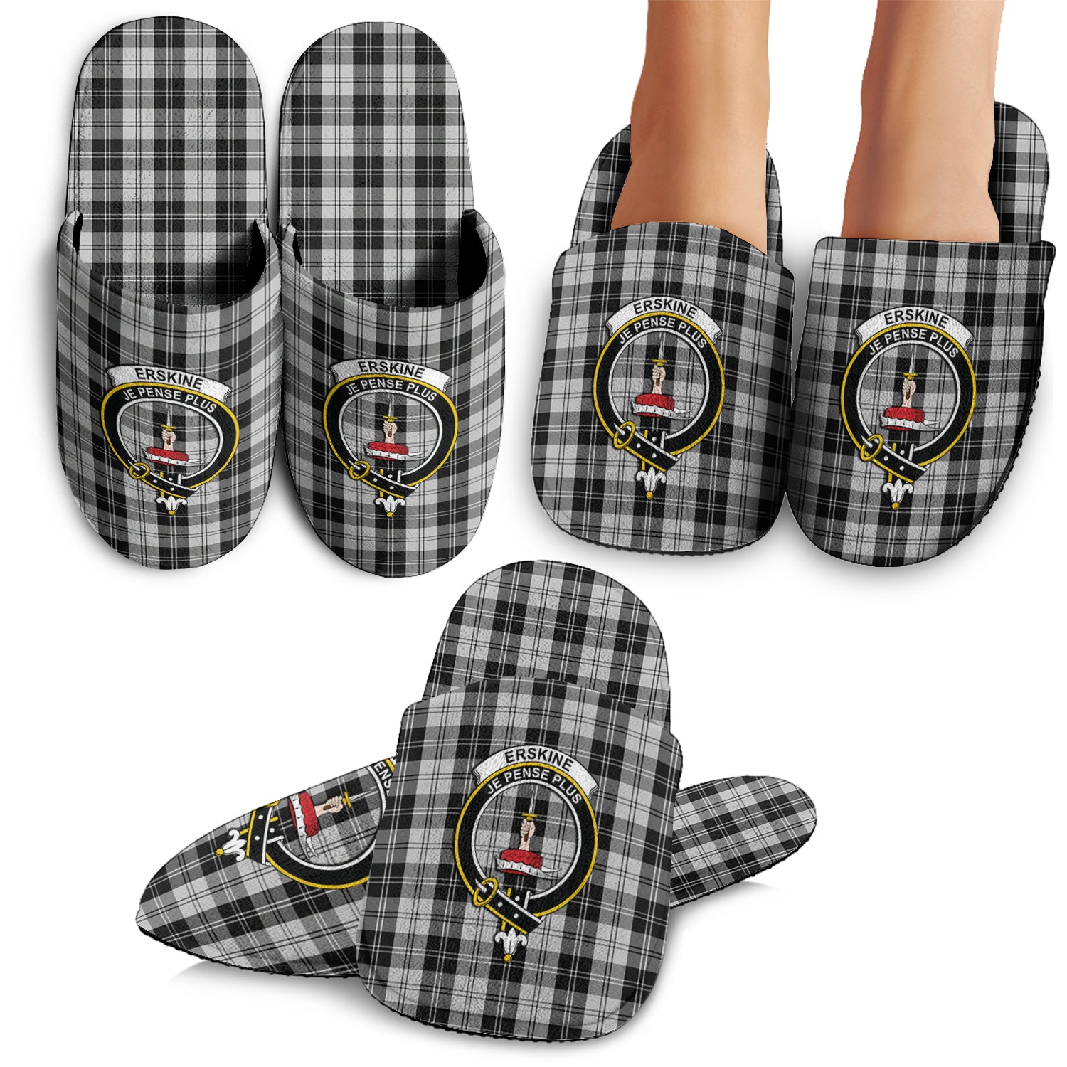 Erskine Black and White Tartan Home Slippers with Family Crest - Tartanvibesclothing