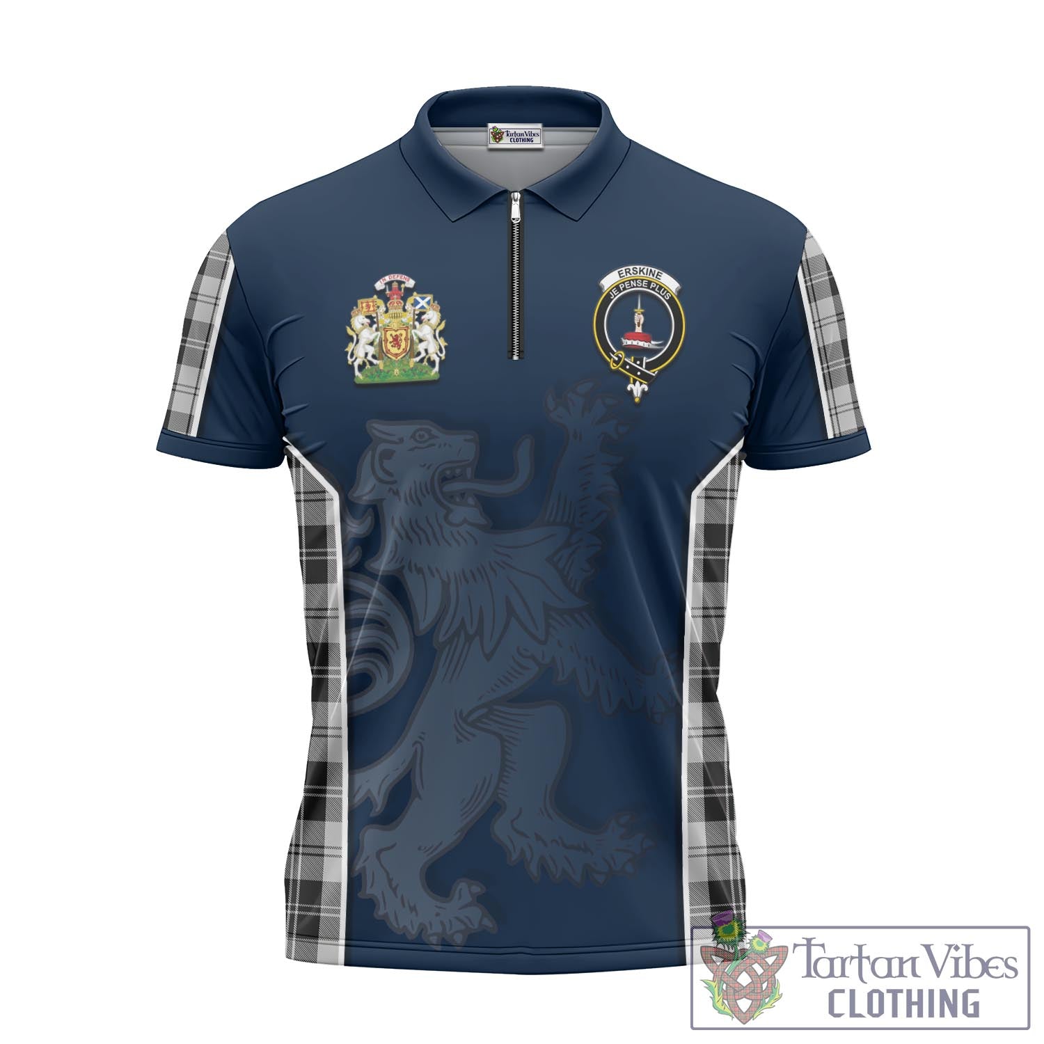 Tartan Vibes Clothing Erskine Black and White Tartan Zipper Polo Shirt with Family Crest and Lion Rampant Vibes Sport Style