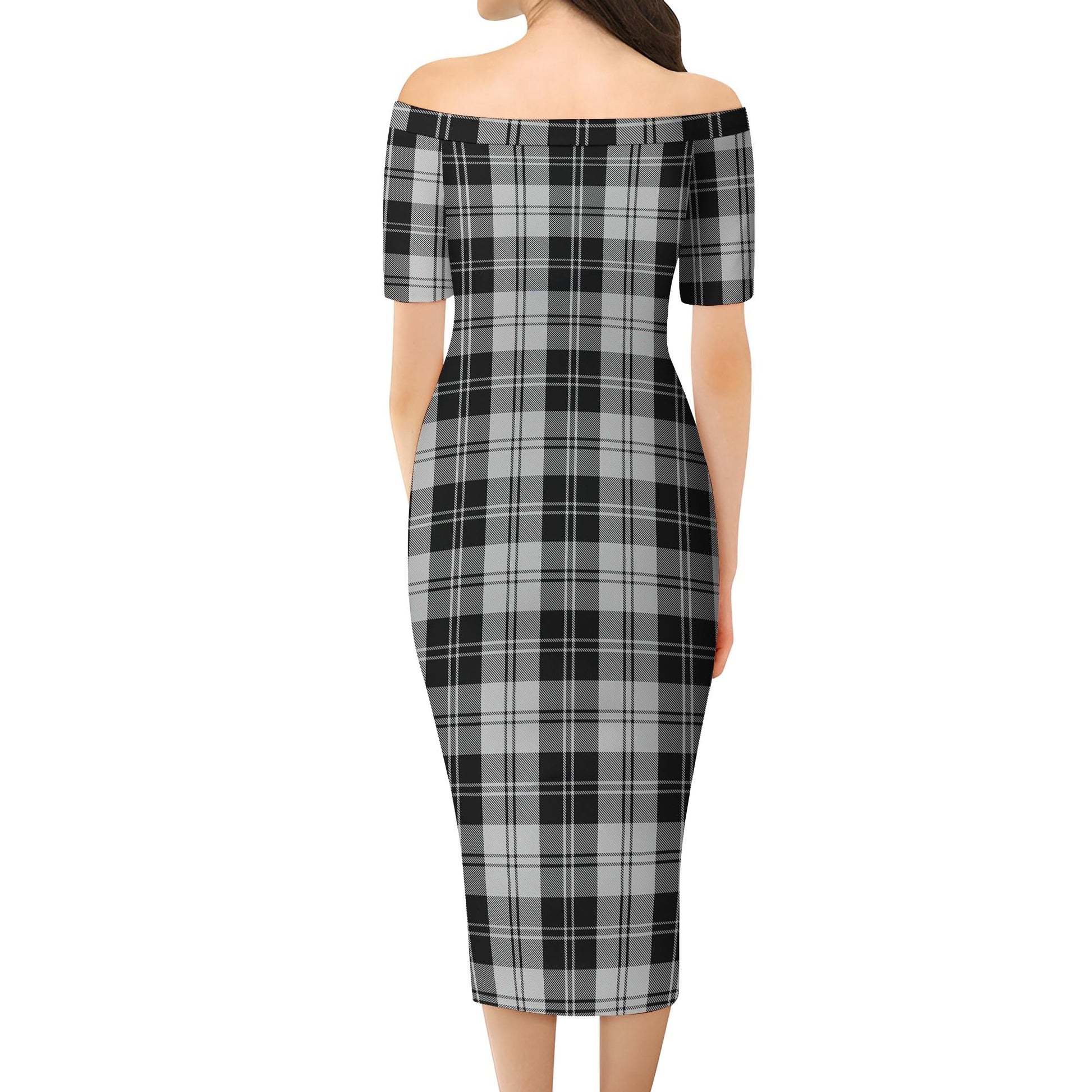 Erskine Black and White Tartan Off Shoulder Lady Dress - Tartanvibesclothing