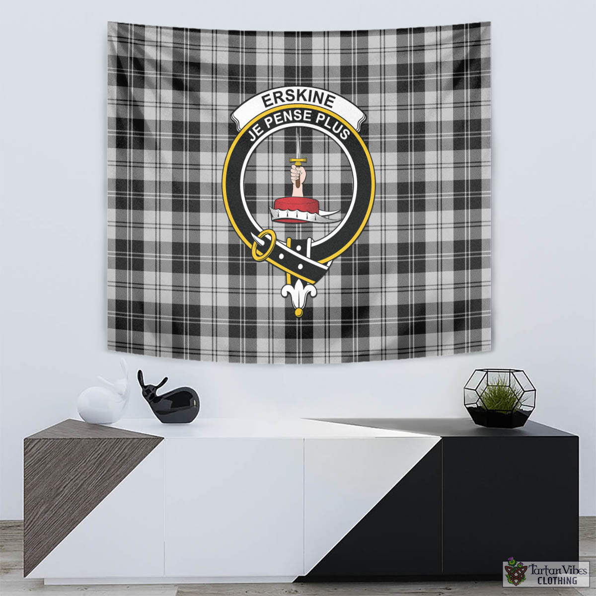 Tartan Vibes Clothing Erskine Black and White Tartan Tapestry Wall Hanging and Home Decor for Room with Family Crest