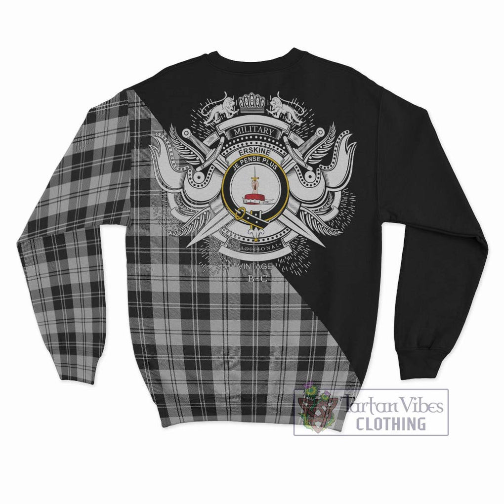 Erskine Black and White Tartan Sweatshirt with Family Crest and Military Logo Style - Tartanvibesclothing Shop