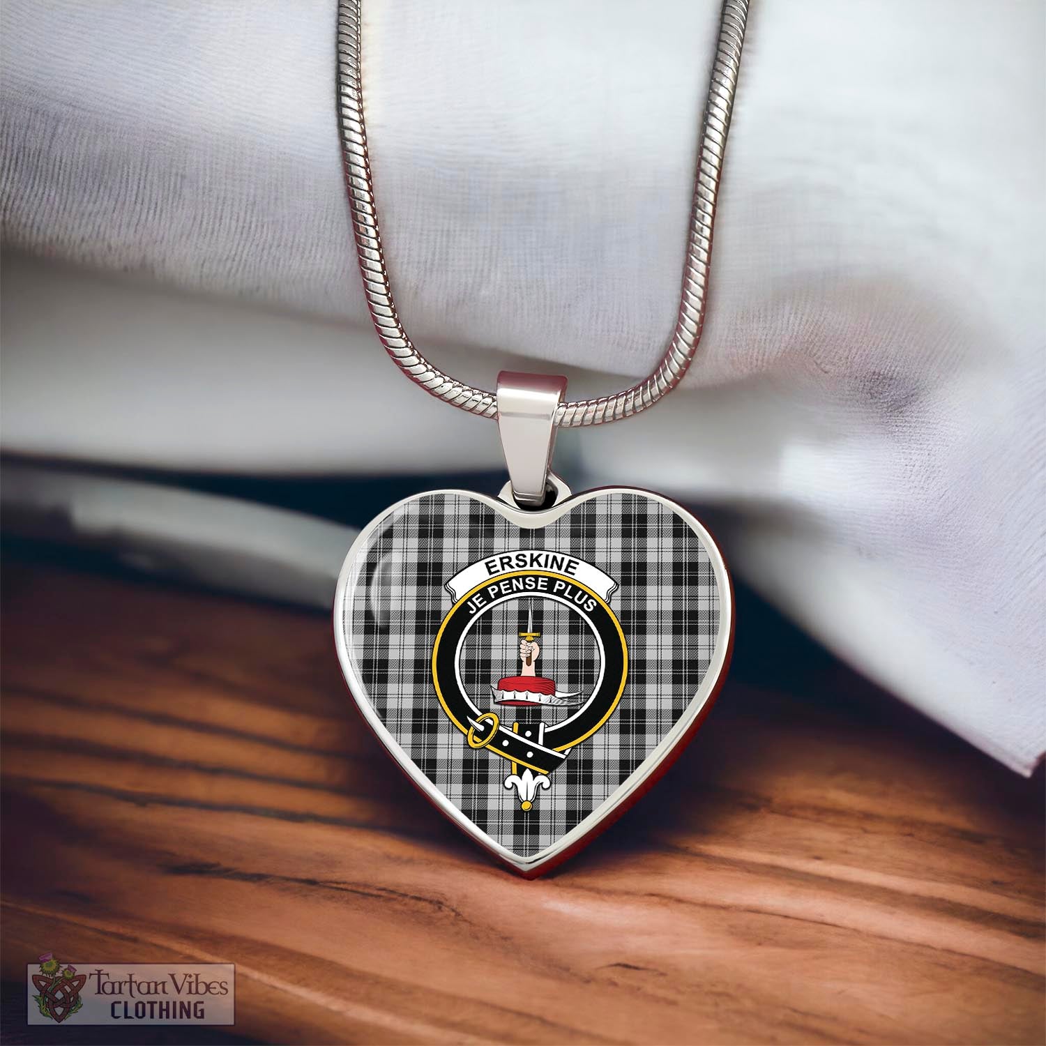 Tartan Vibes Clothing Erskine Black and White Tartan Heart Necklace with Family Crest