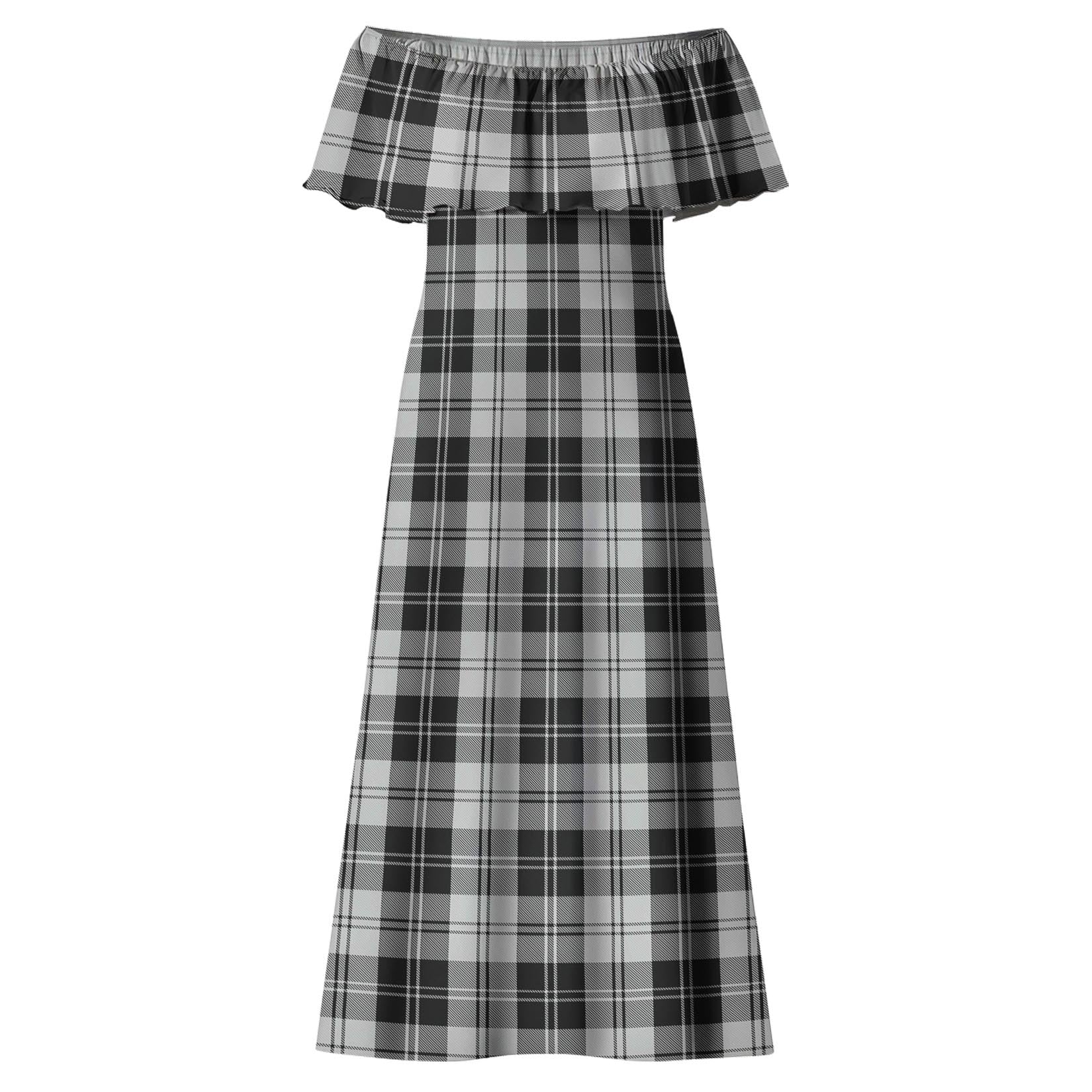 Erskine Black and White Tartan Off Shoulder Long Dress - Tartanvibesclothing