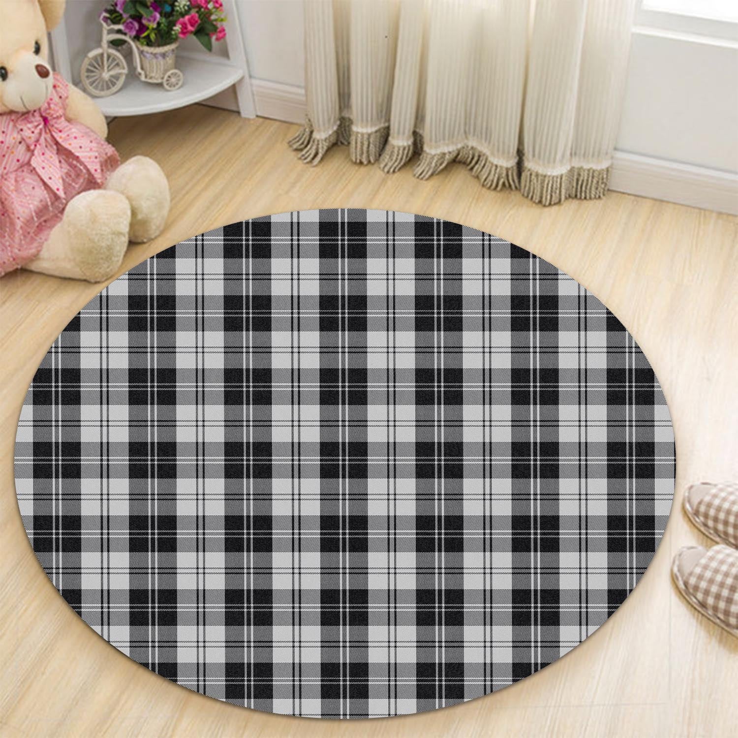 Erskine Black and White Tartan Round Rug - Tartanvibesclothing