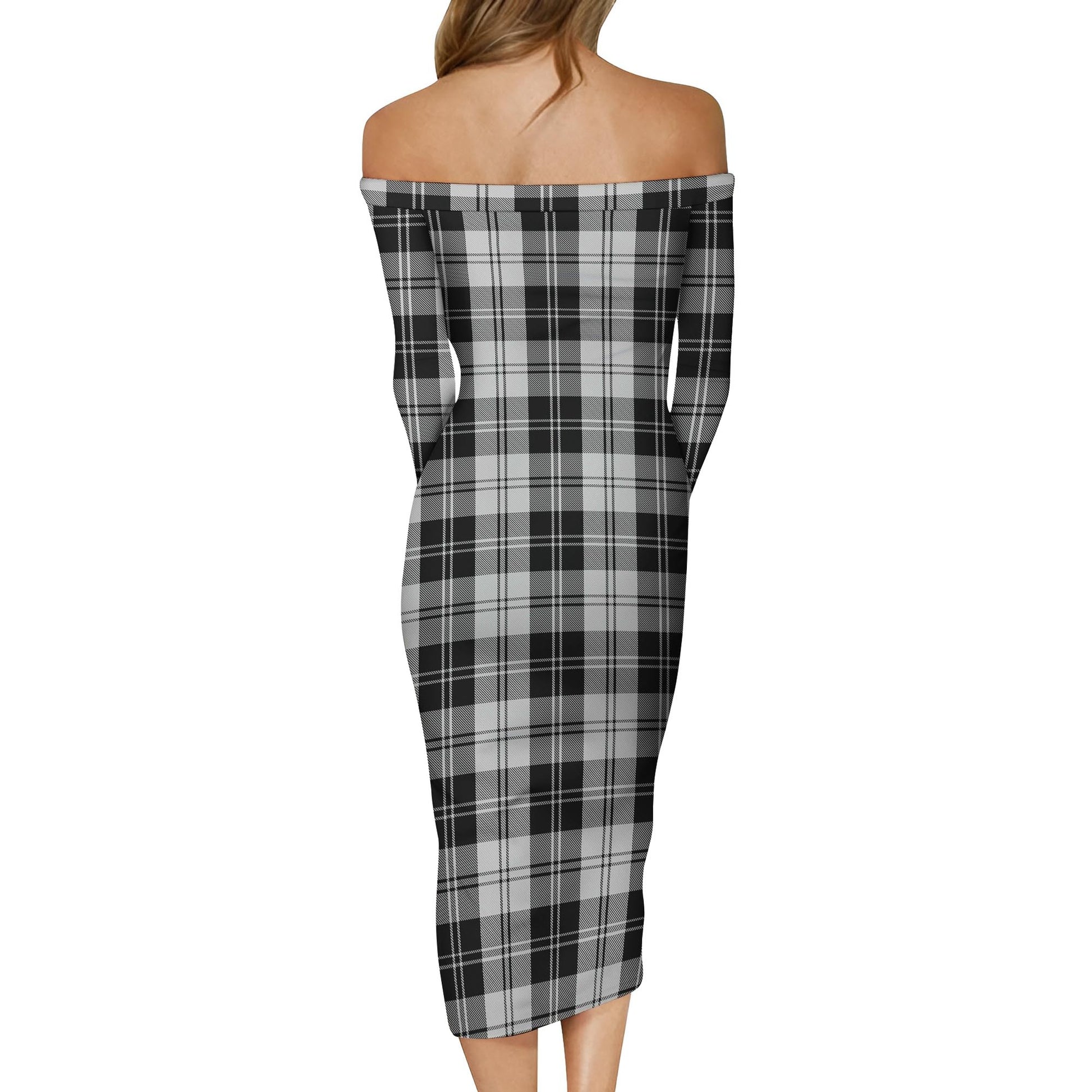 Erskine Black and White Tartan Off Shoulder Lady Dress - Tartanvibesclothing