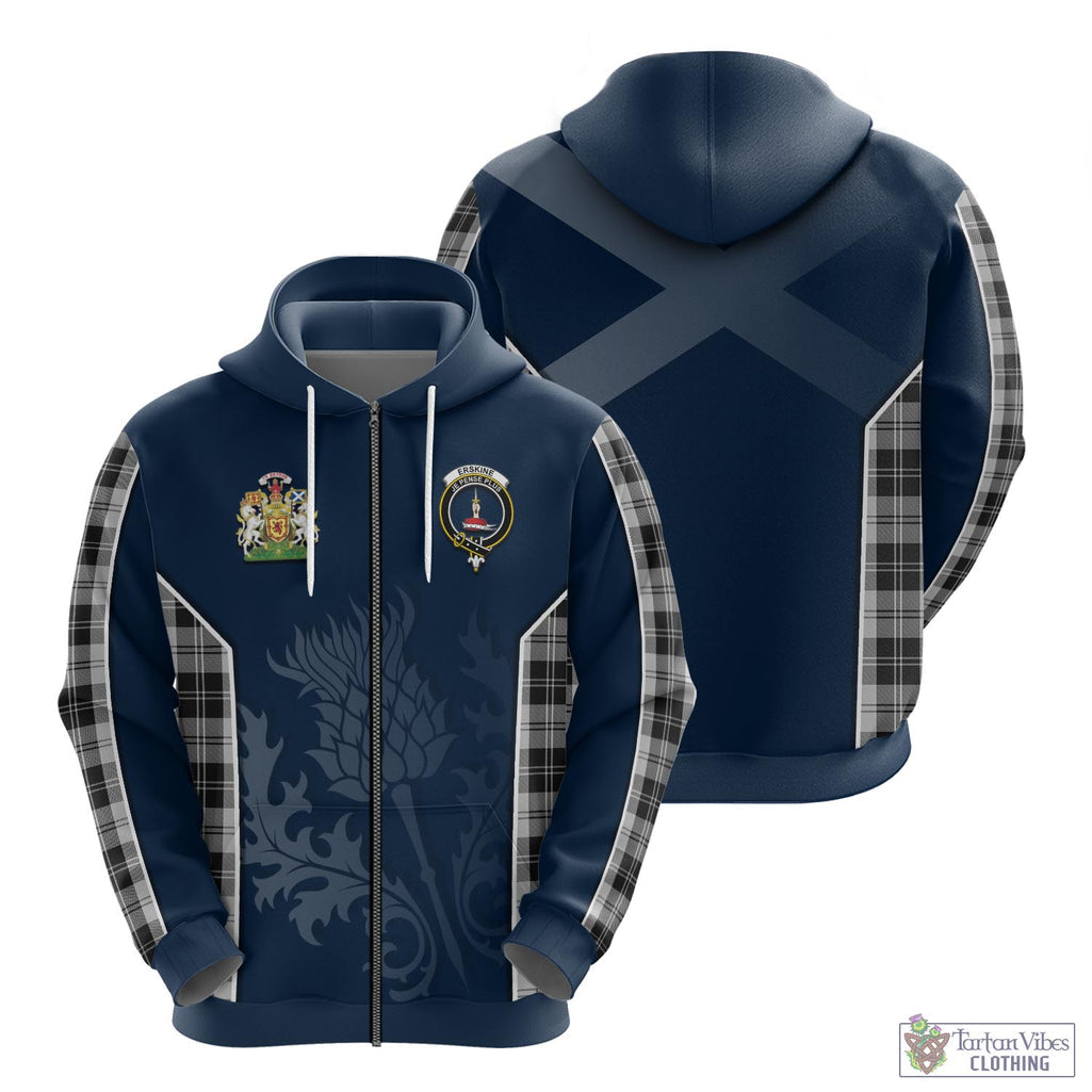 Tartan Vibes Clothing Erskine Black and White Tartan Hoodie with Family Crest and Scottish Thistle Vibes Sport Style