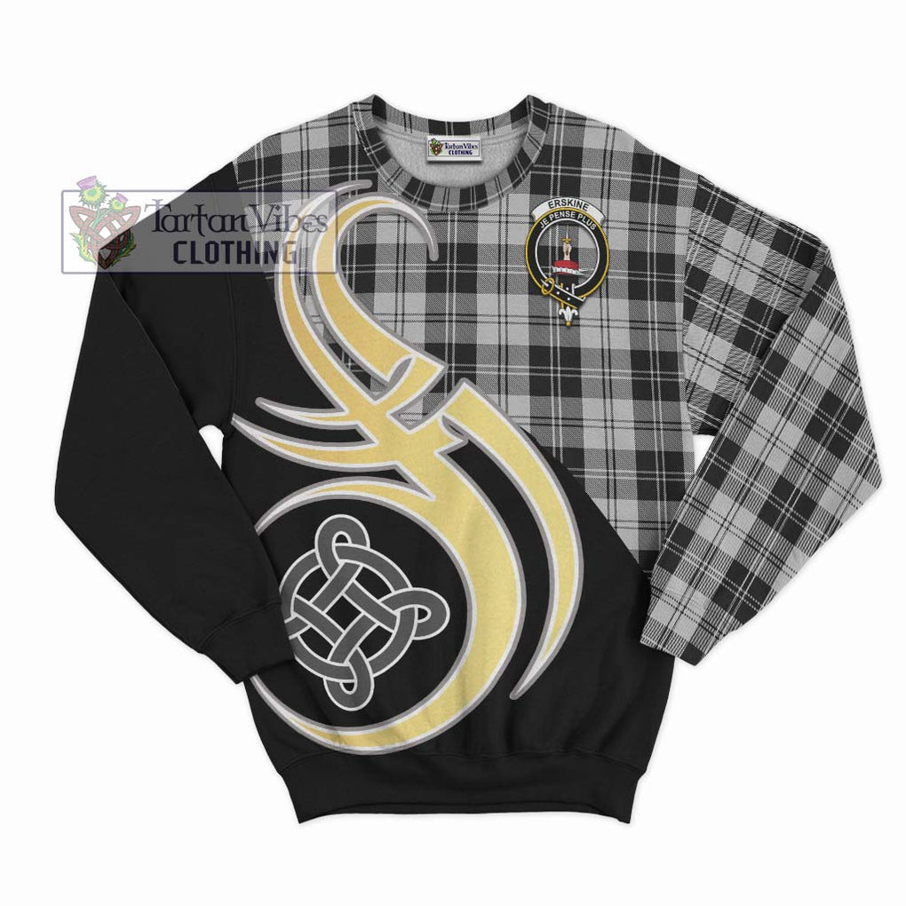 Erskine Black and White Tartan Sweatshirt with Family Crest and Celtic Symbol Style - Tartan Vibes Clothing