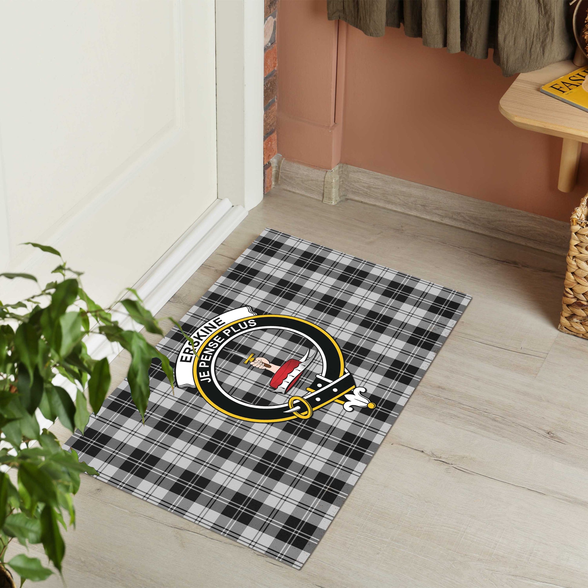 Erskine Black and White Tartan Door Mat with Family Crest - Tartanvibesclothing