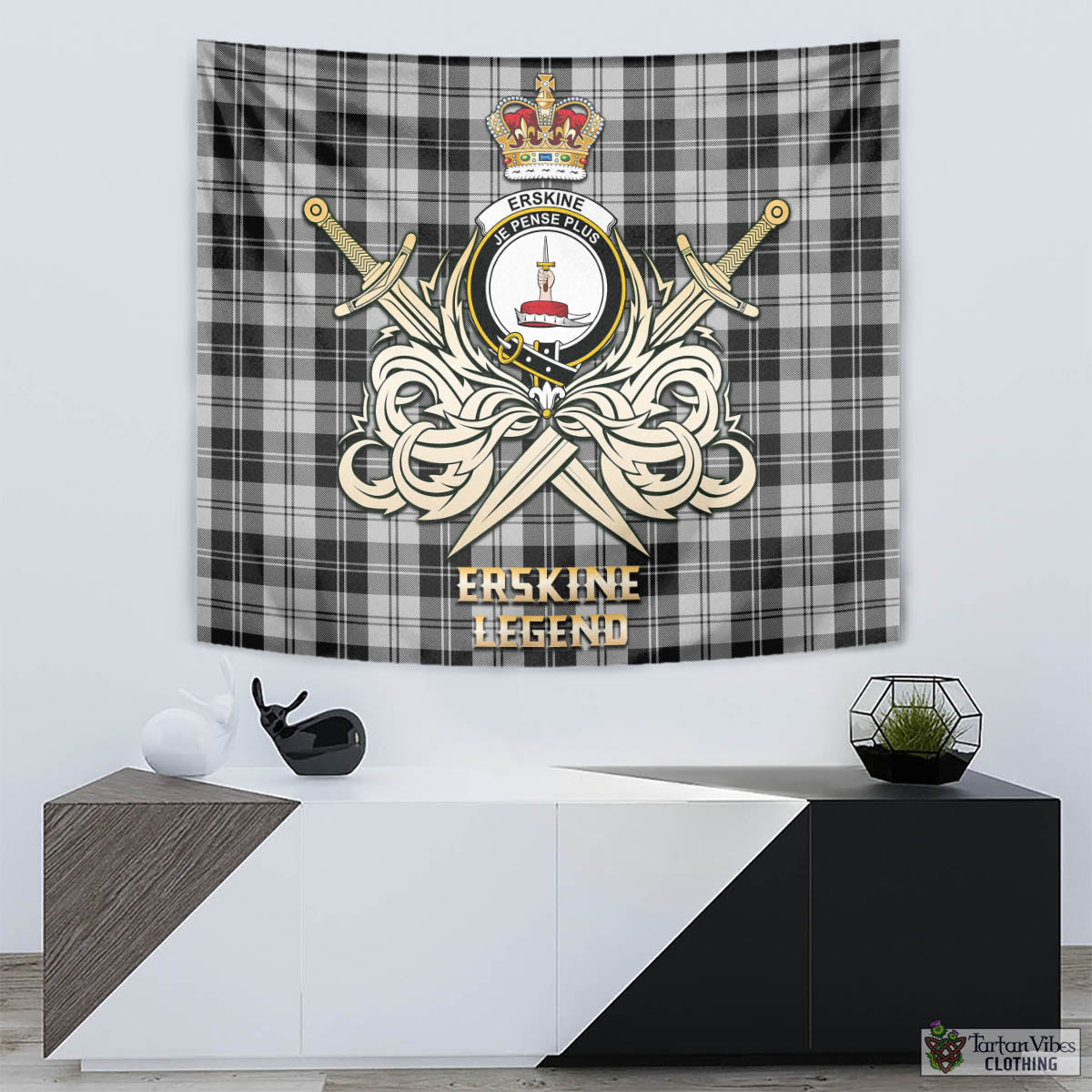 Tartan Vibes Clothing Erskine Black and White Tartan Tapestry with Clan Crest and the Golden Sword of Courageous Legacy