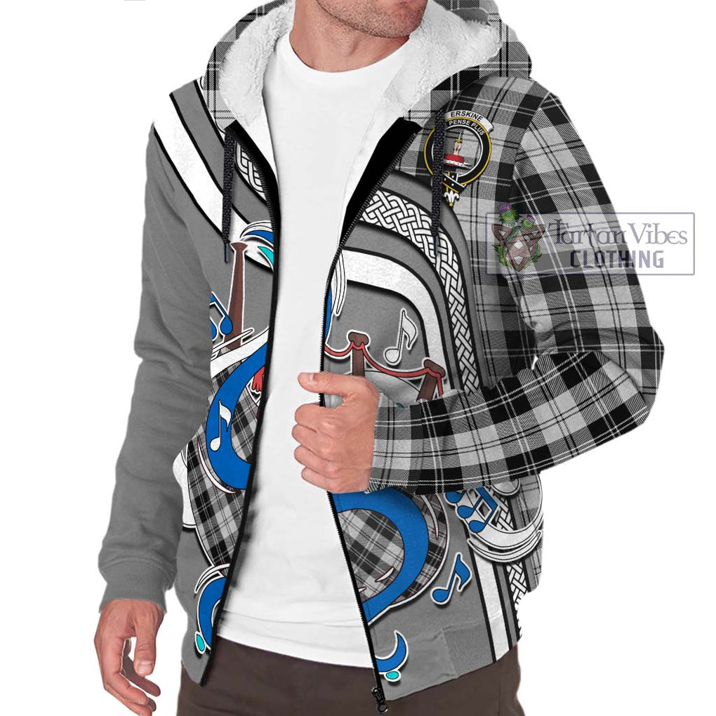 Erskine Black and White Tartan Sherpa Hoodie with Epic Bagpipe Style Unisex - Tartanvibesclothing Shop