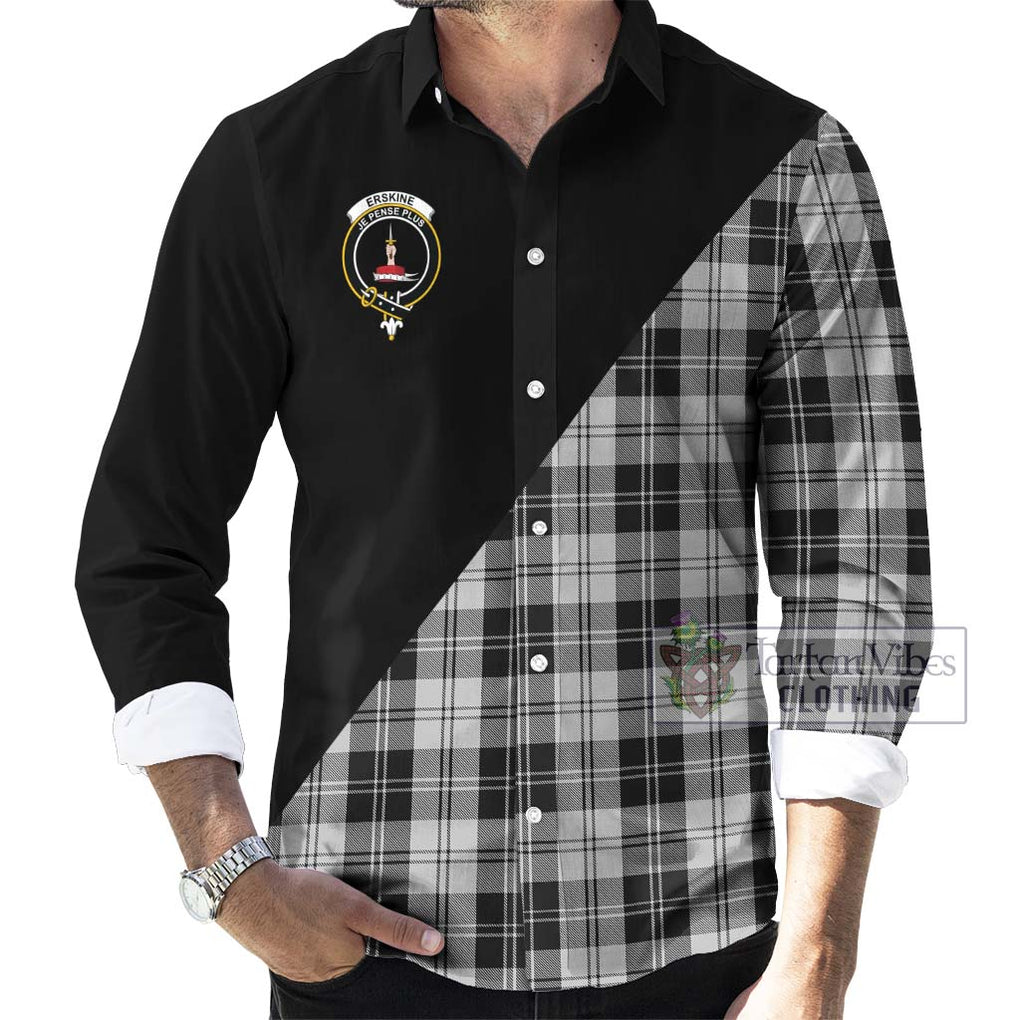 Erskine Black and White Tartan Long Sleeve Button Shirt with Family Crest and Military Logo Style - Tartanvibesclothing Shop