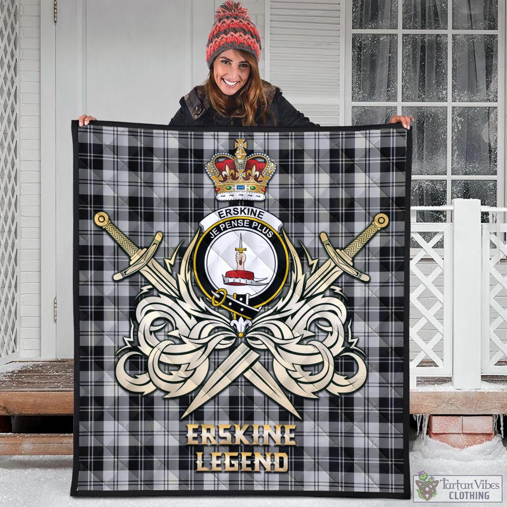 Tartan Vibes Clothing Erskine Black and White Tartan Quilt with Clan Crest and the Golden Sword of Courageous Legacy