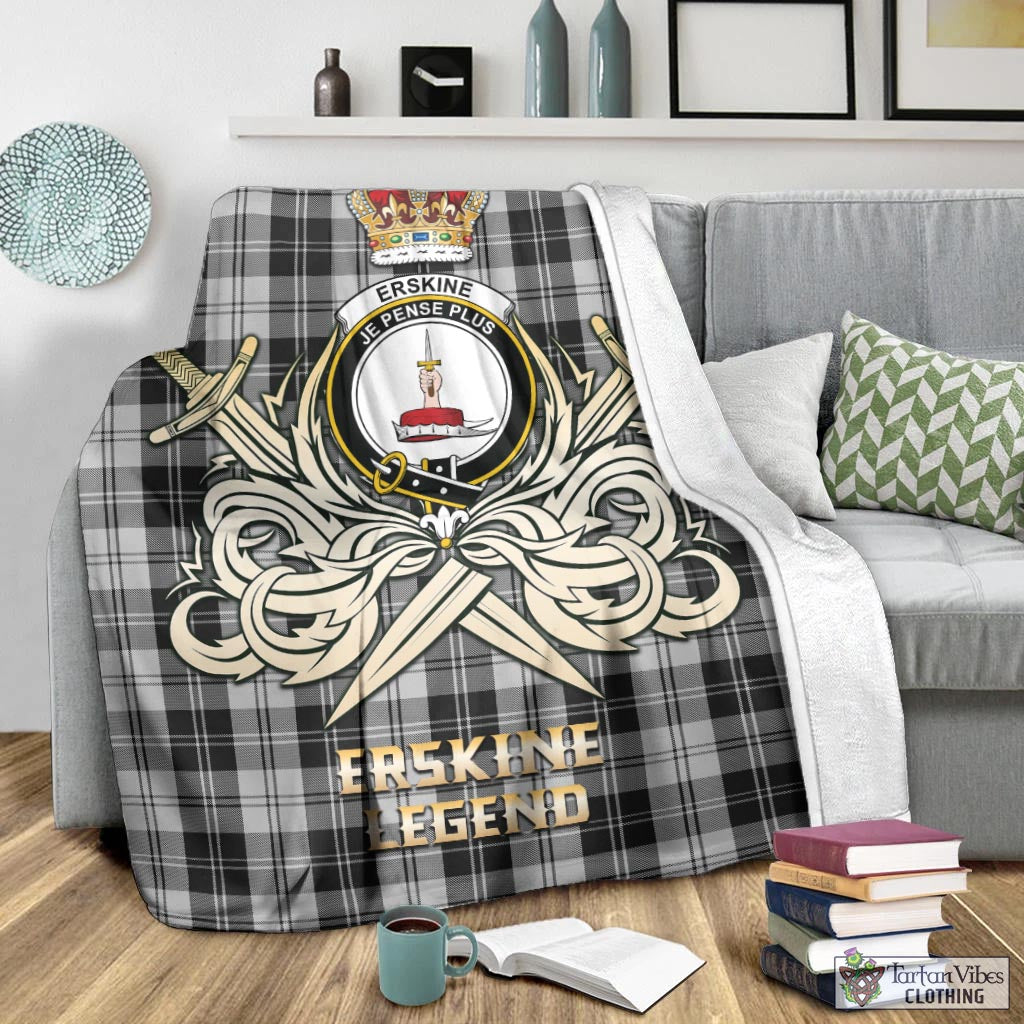 Tartan Vibes Clothing Erskine Black and White Tartan Blanket with Clan Crest and the Golden Sword of Courageous Legacy