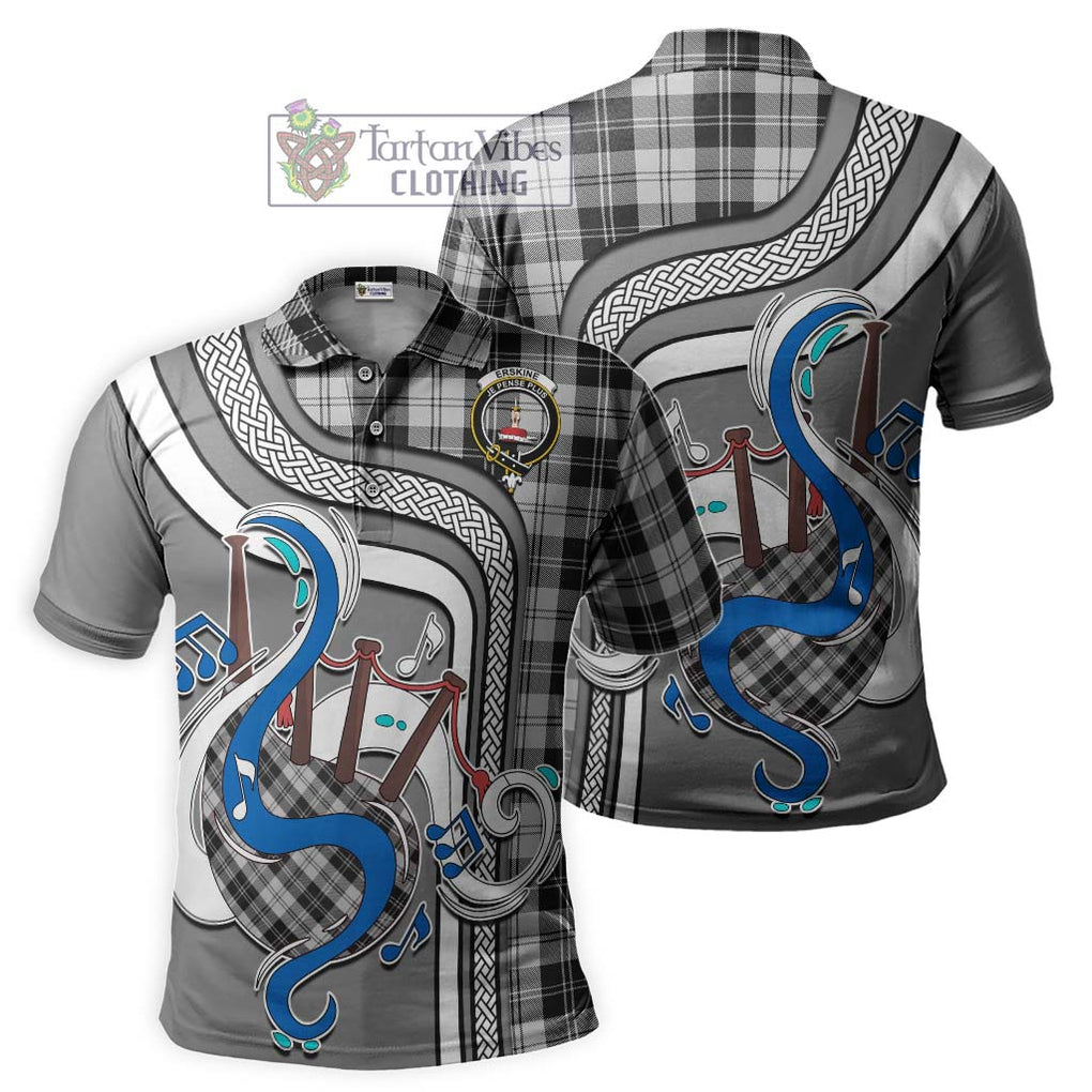 Tartan Vibes Clothing Erskine Black and White Tartan Polo Shirt with Epic Bagpipe Style