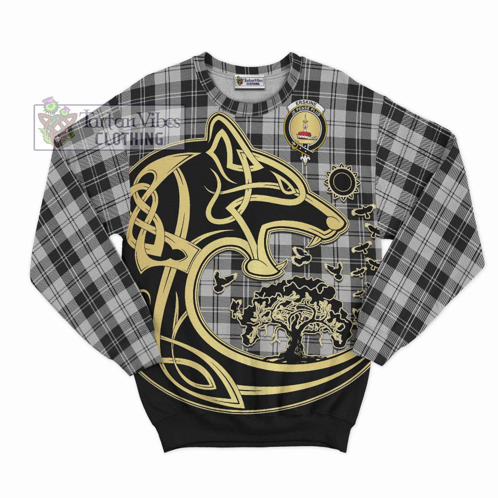 Erskine Black and White Tartan Sweatshirt with Family Crest Celtic Wolf Style - Tartan Vibes Clothing