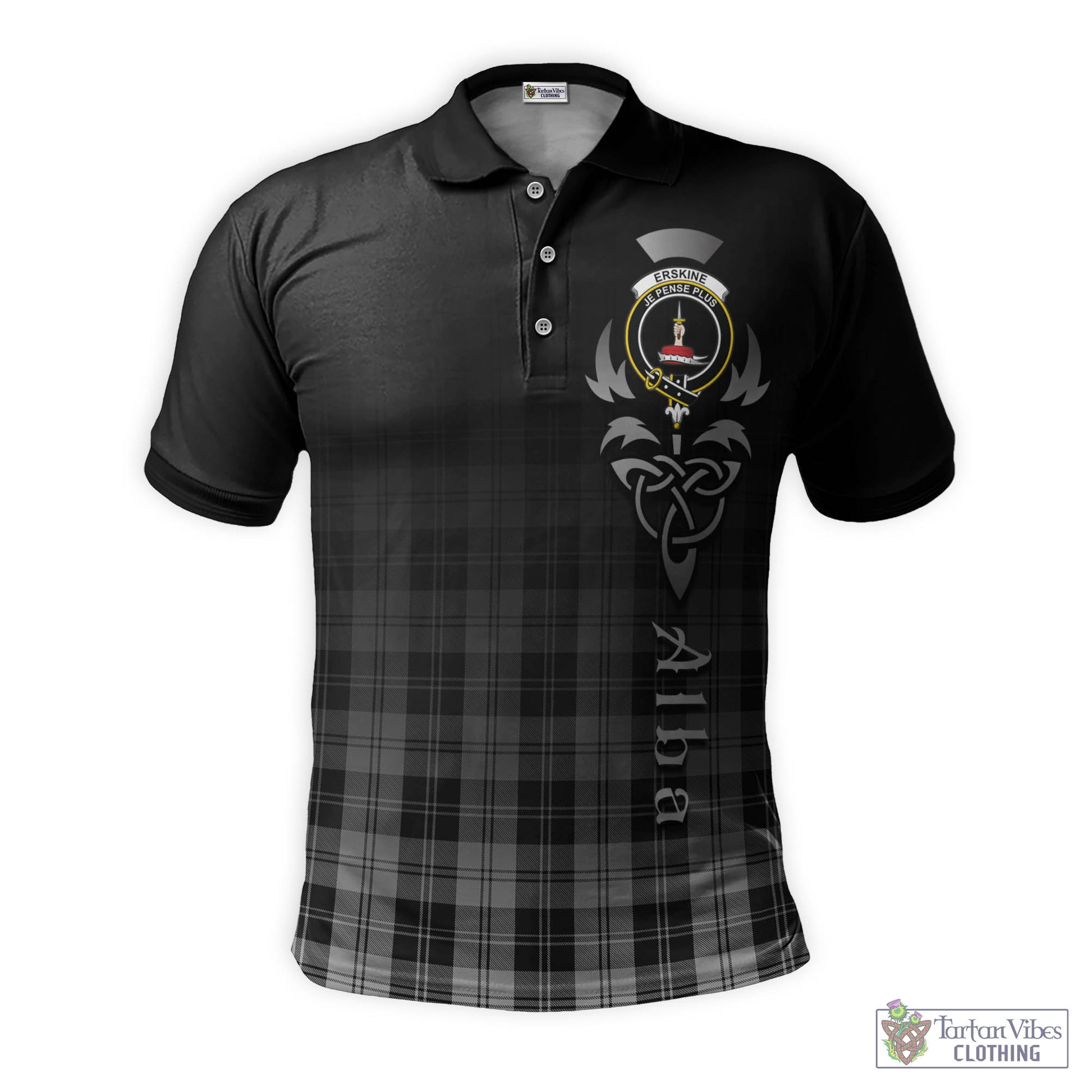 Tartan Vibes Clothing Erskine Black and White Tartan Polo Shirt Featuring Alba Gu Brath Family Crest Celtic Inspired