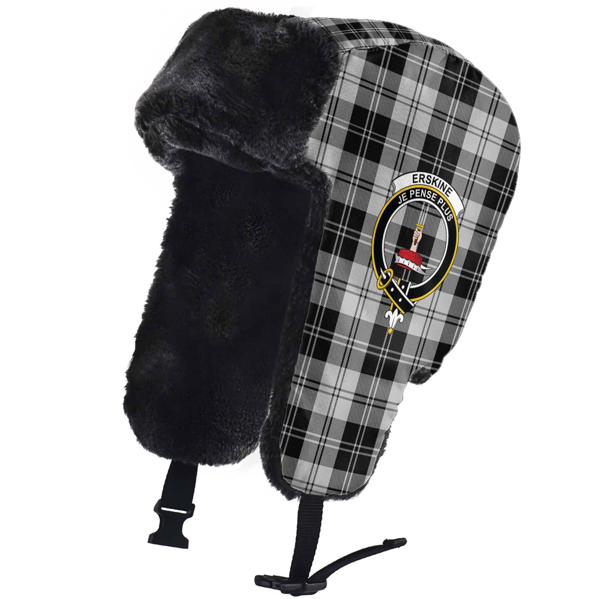 Erskine Black and White Tartan Winter Trapper Hat with Family Crest - Tartanvibesclothing