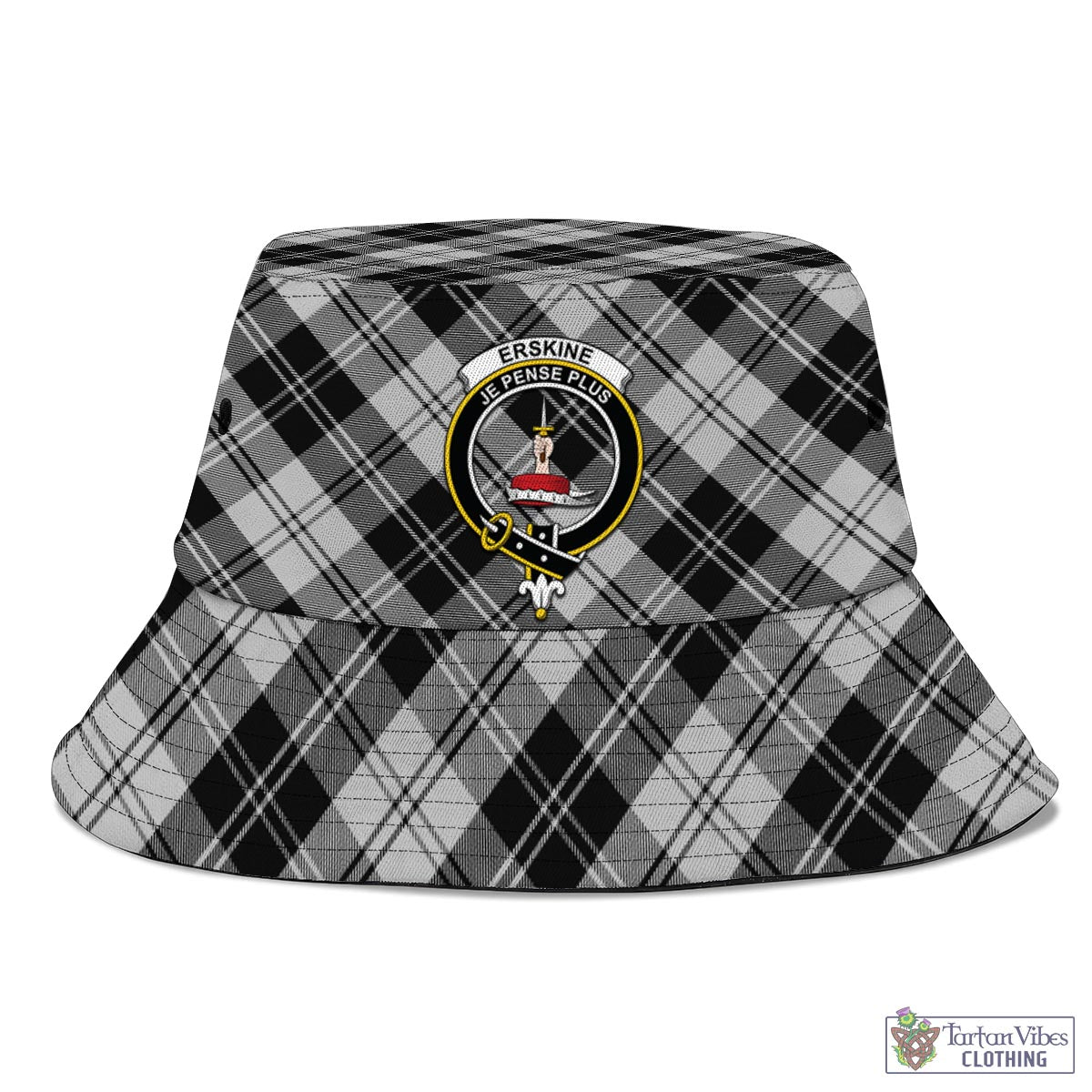 Tartan Vibes Clothing Erskine Black and White Tartan Bucket Hat with Family Crest