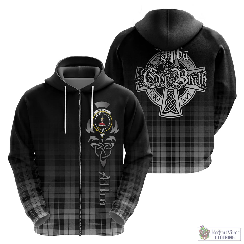 Tartan Vibes Clothing Erskine Black and White Tartan Hoodie Featuring Alba Gu Brath Family Crest Celtic Inspired