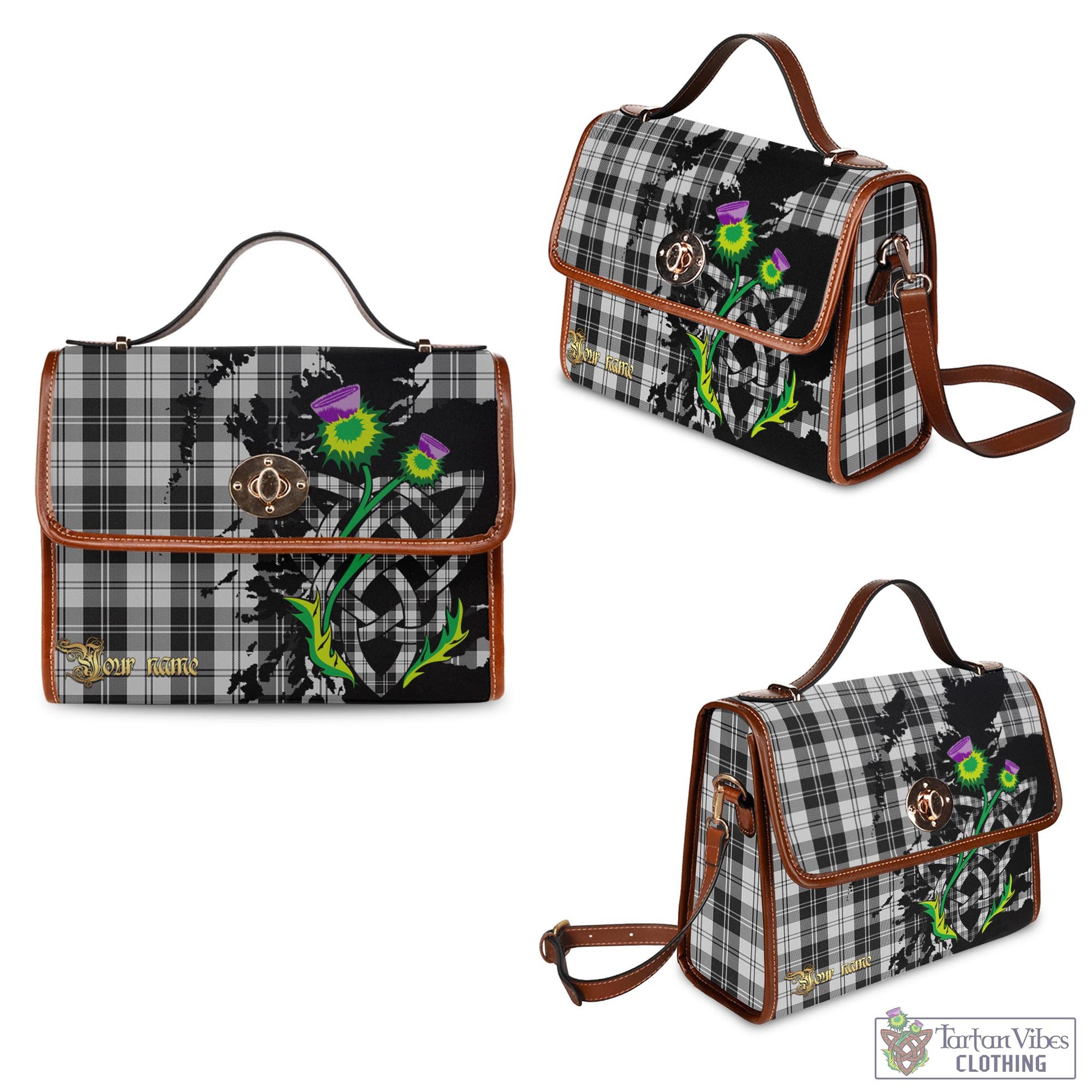 Tartan Vibes Clothing Erskine Black and White Tartan Waterproof Canvas Bag with Scotland Map and Thistle Celtic Accents