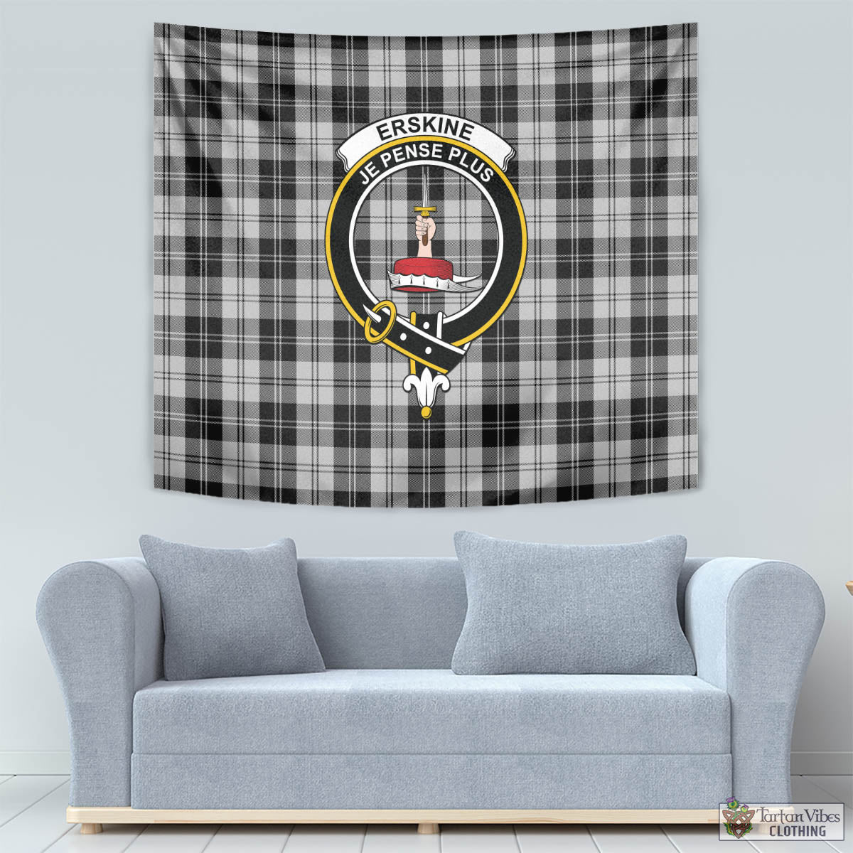 Tartan Vibes Clothing Erskine Black and White Tartan Tapestry Wall Hanging and Home Decor for Room with Family Crest