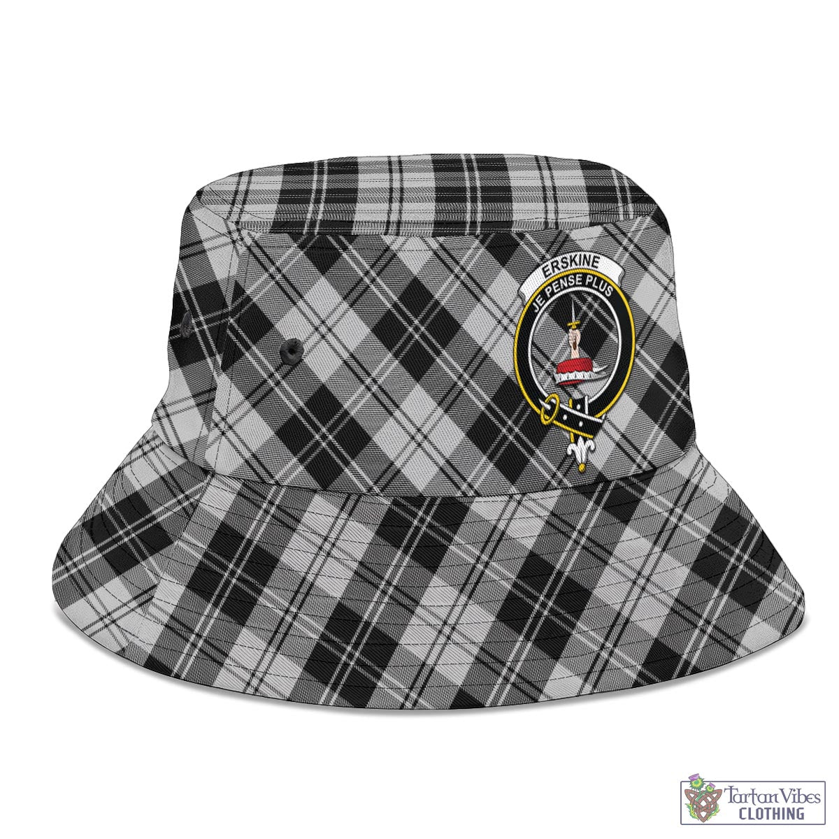 Tartan Vibes Clothing Erskine Black and White Tartan Bucket Hat with Family Crest