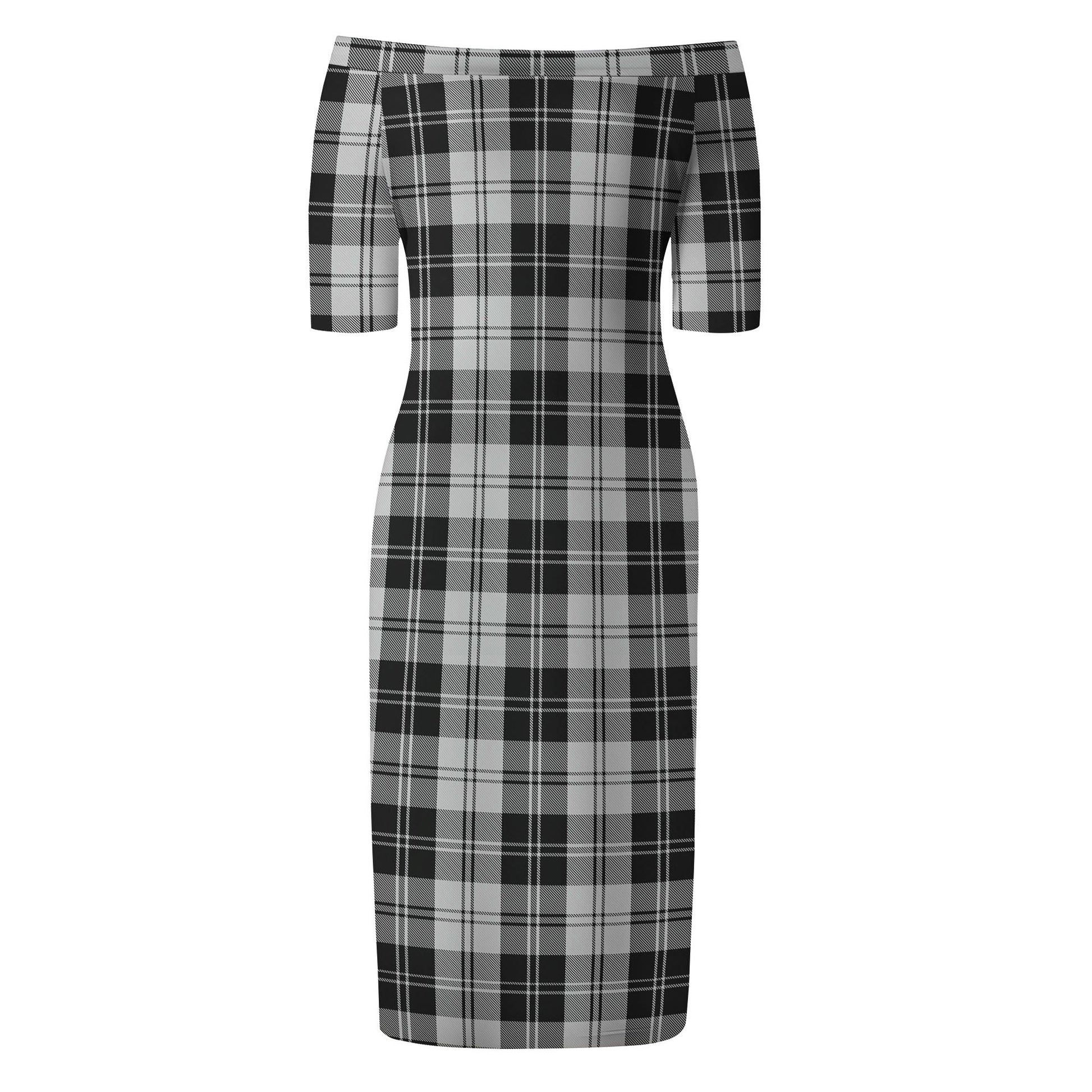 Erskine Black and White Tartan Off Shoulder Lady Dress - Tartanvibesclothing