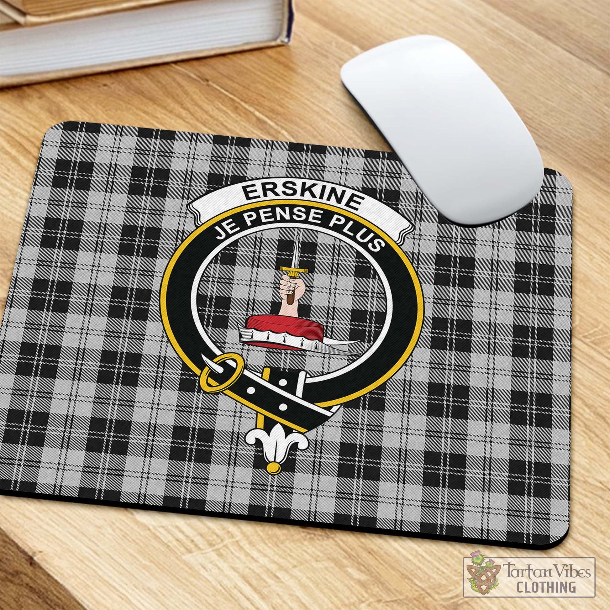 Tartan Vibes Clothing Erskine Black and White Tartan Mouse Pad with Family Crest