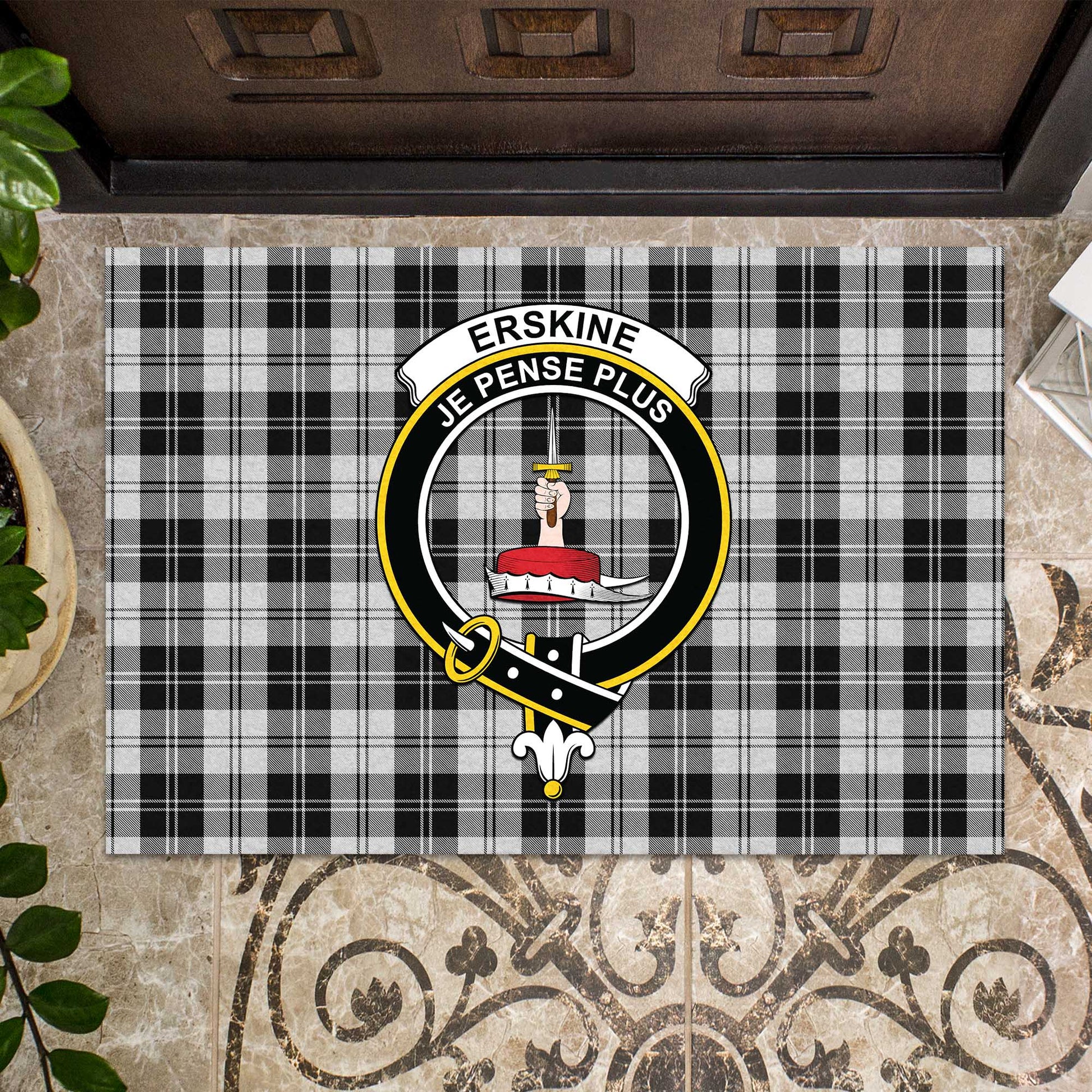 Erskine Black and White Tartan Door Mat with Family Crest - Tartanvibesclothing