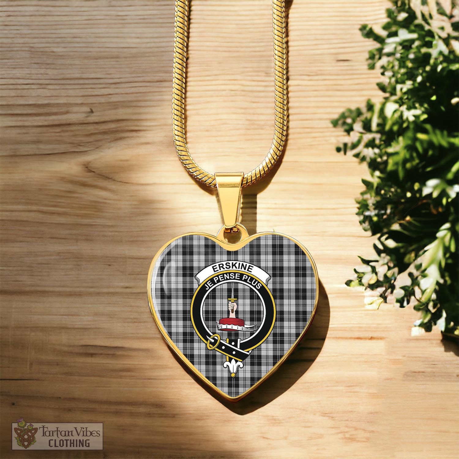 Tartan Vibes Clothing Erskine Black and White Tartan Heart Necklace with Family Crest