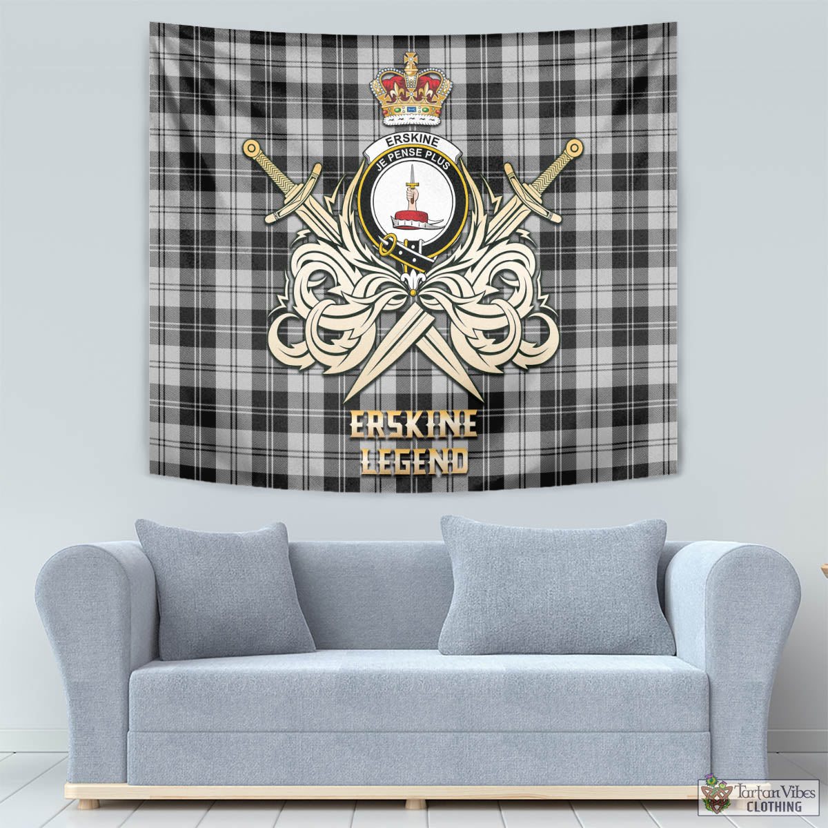 Tartan Vibes Clothing Erskine Black and White Tartan Tapestry with Clan Crest and the Golden Sword of Courageous Legacy