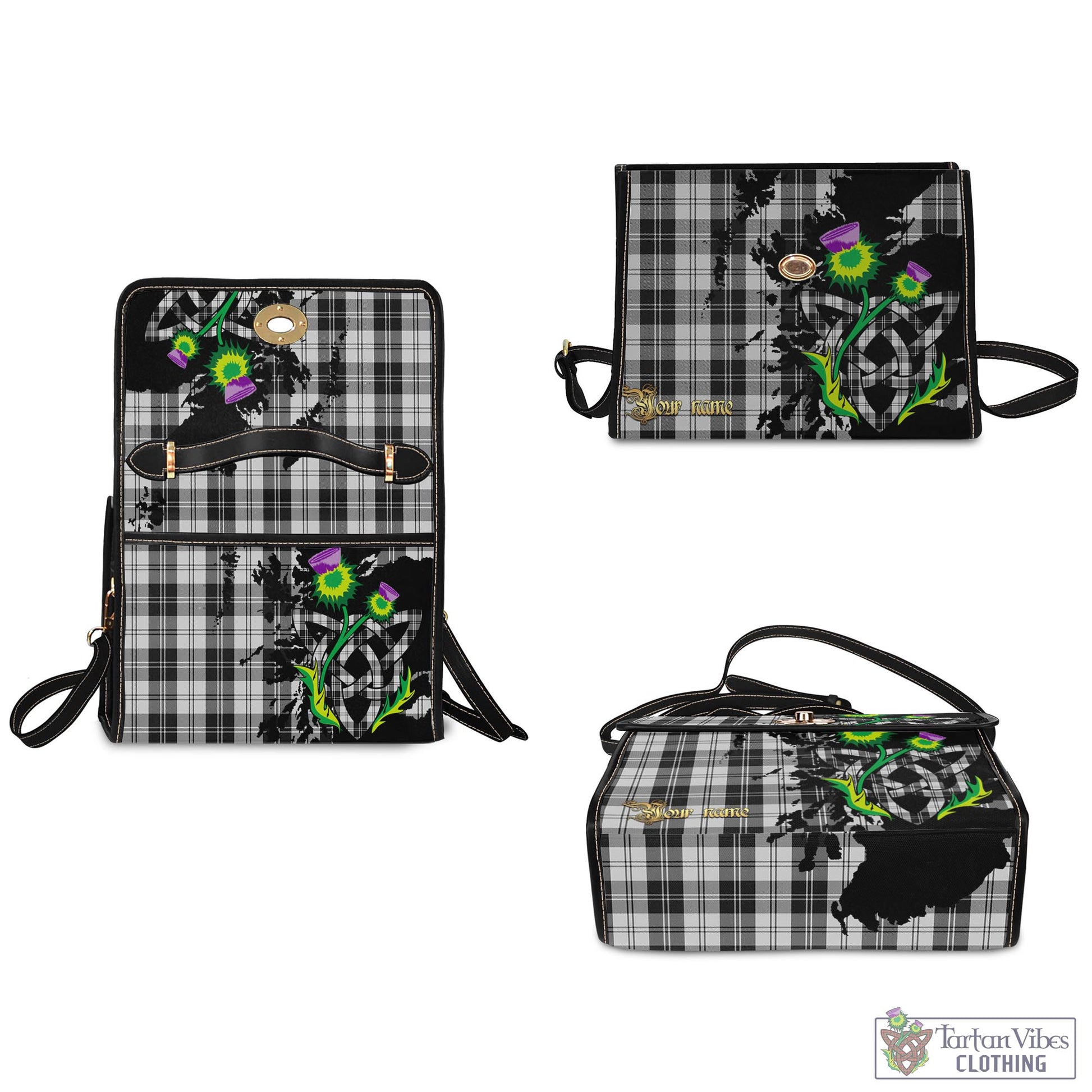 Tartan Vibes Clothing Erskine Black and White Tartan Waterproof Canvas Bag with Scotland Map and Thistle Celtic Accents