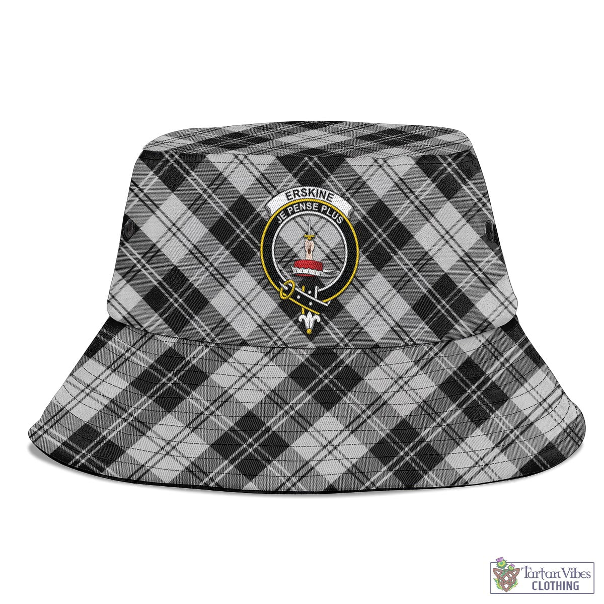 Tartan Vibes Clothing Erskine Black and White Tartan Bucket Hat with Family Crest