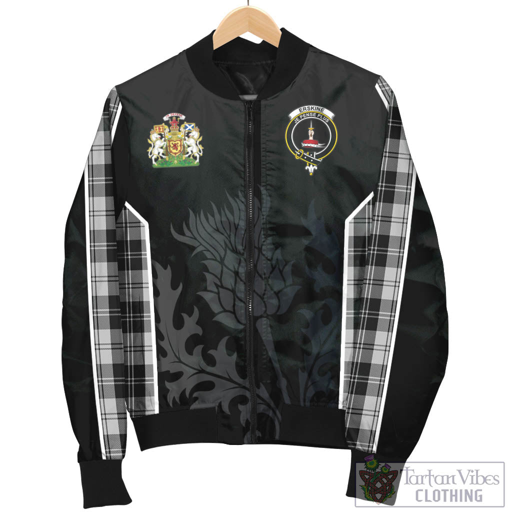 Tartan Vibes Clothing Erskine Black and White Tartan Bomber Jacket with Family Crest and Scottish Thistle Vibes Sport Style