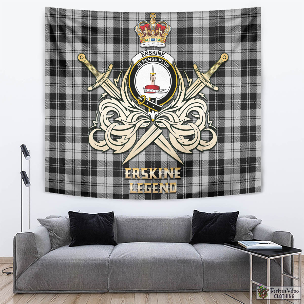 Tartan Vibes Clothing Erskine Black and White Tartan Tapestry with Clan Crest and the Golden Sword of Courageous Legacy