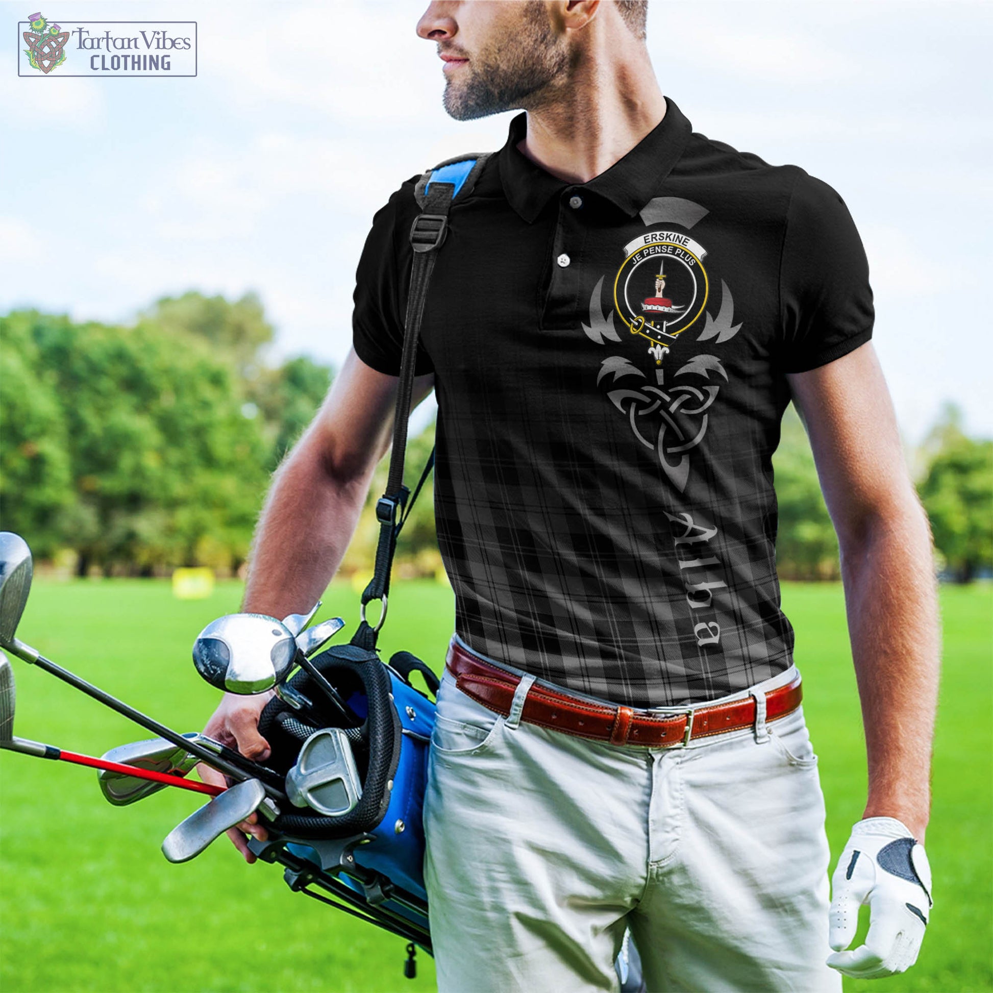 Tartan Vibes Clothing Erskine Black and White Tartan Polo Shirt Featuring Alba Gu Brath Family Crest Celtic Inspired