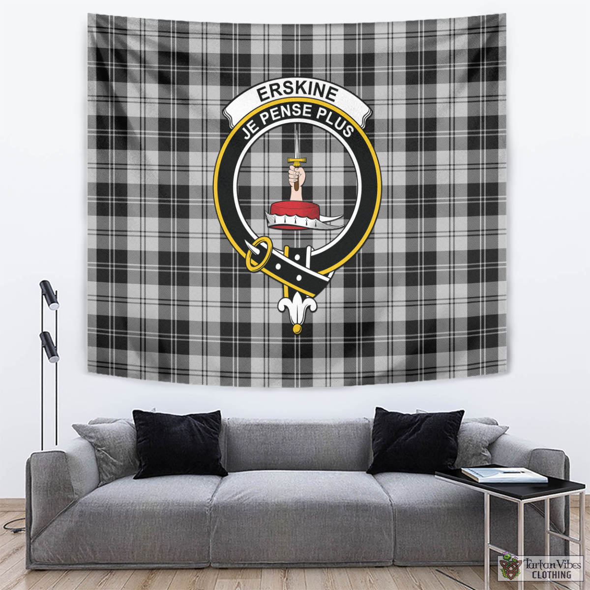 Tartan Vibes Clothing Erskine Black and White Tartan Tapestry Wall Hanging and Home Decor for Room with Family Crest