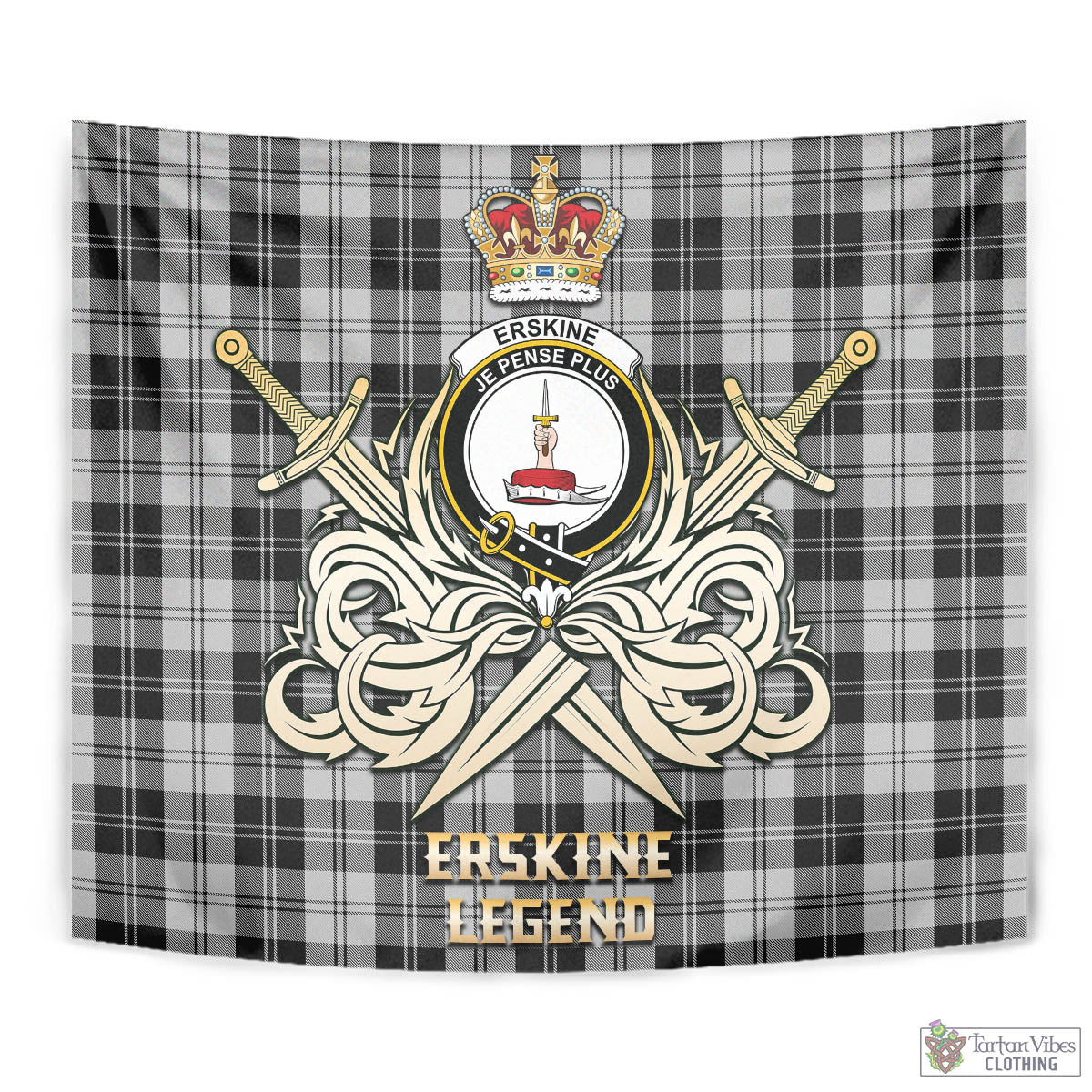 Tartan Vibes Clothing Erskine Black and White Tartan Tapestry with Clan Crest and the Golden Sword of Courageous Legacy