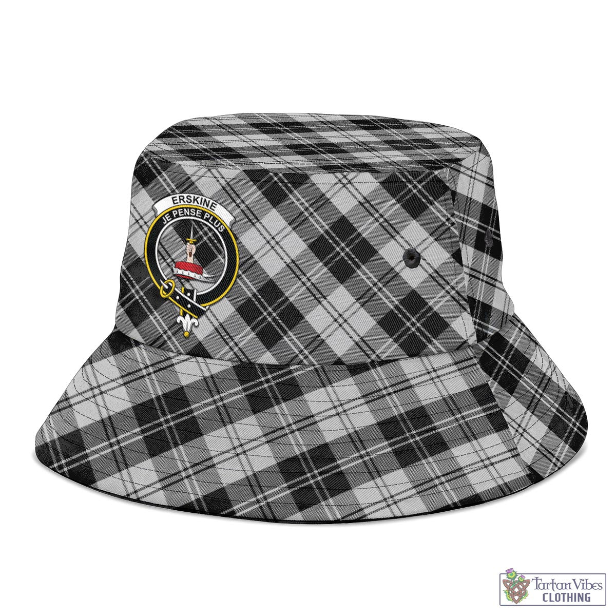 Tartan Vibes Clothing Erskine Black and White Tartan Bucket Hat with Family Crest