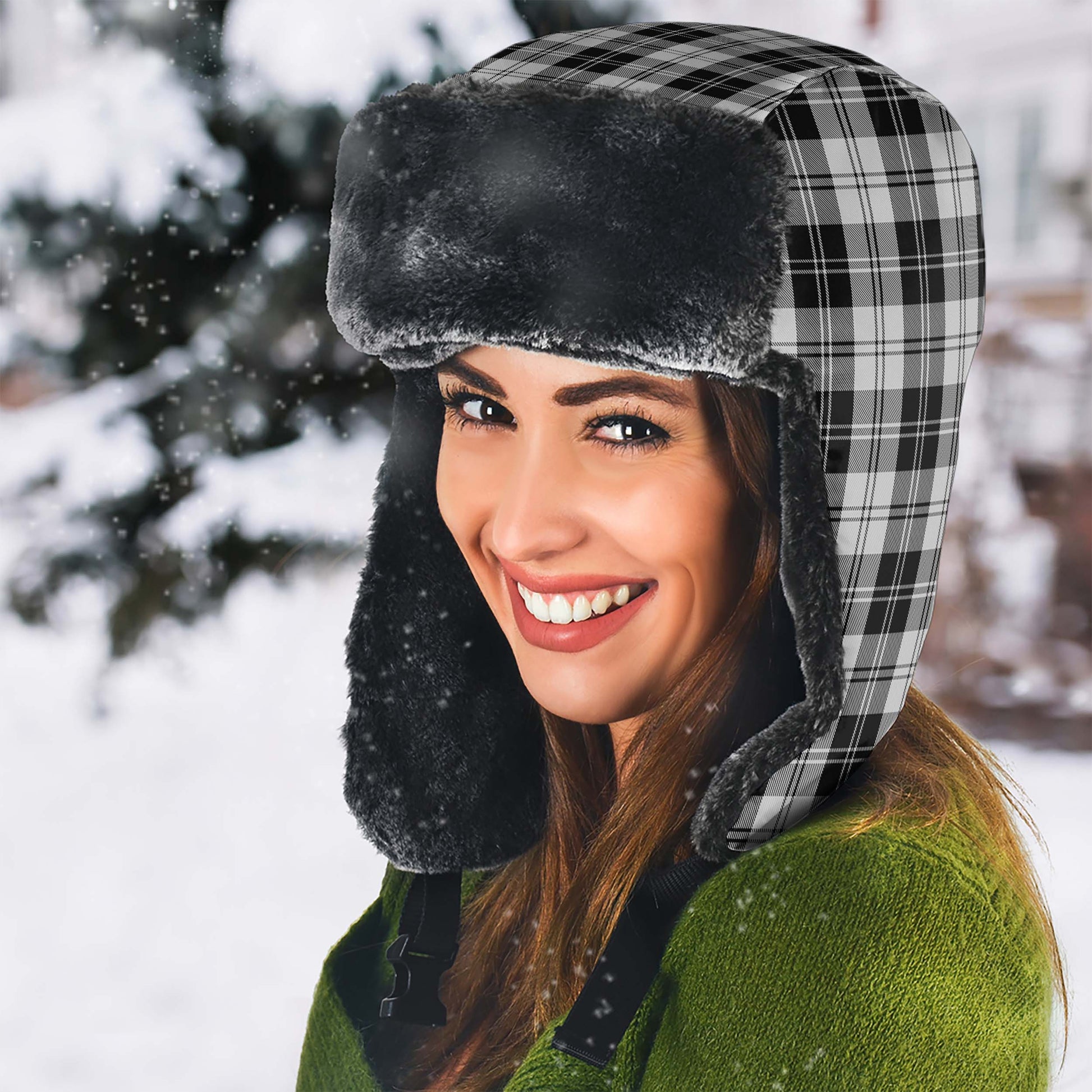 Erskine Black and White Tartan Winter Trapper Hat - Tartanvibesclothing