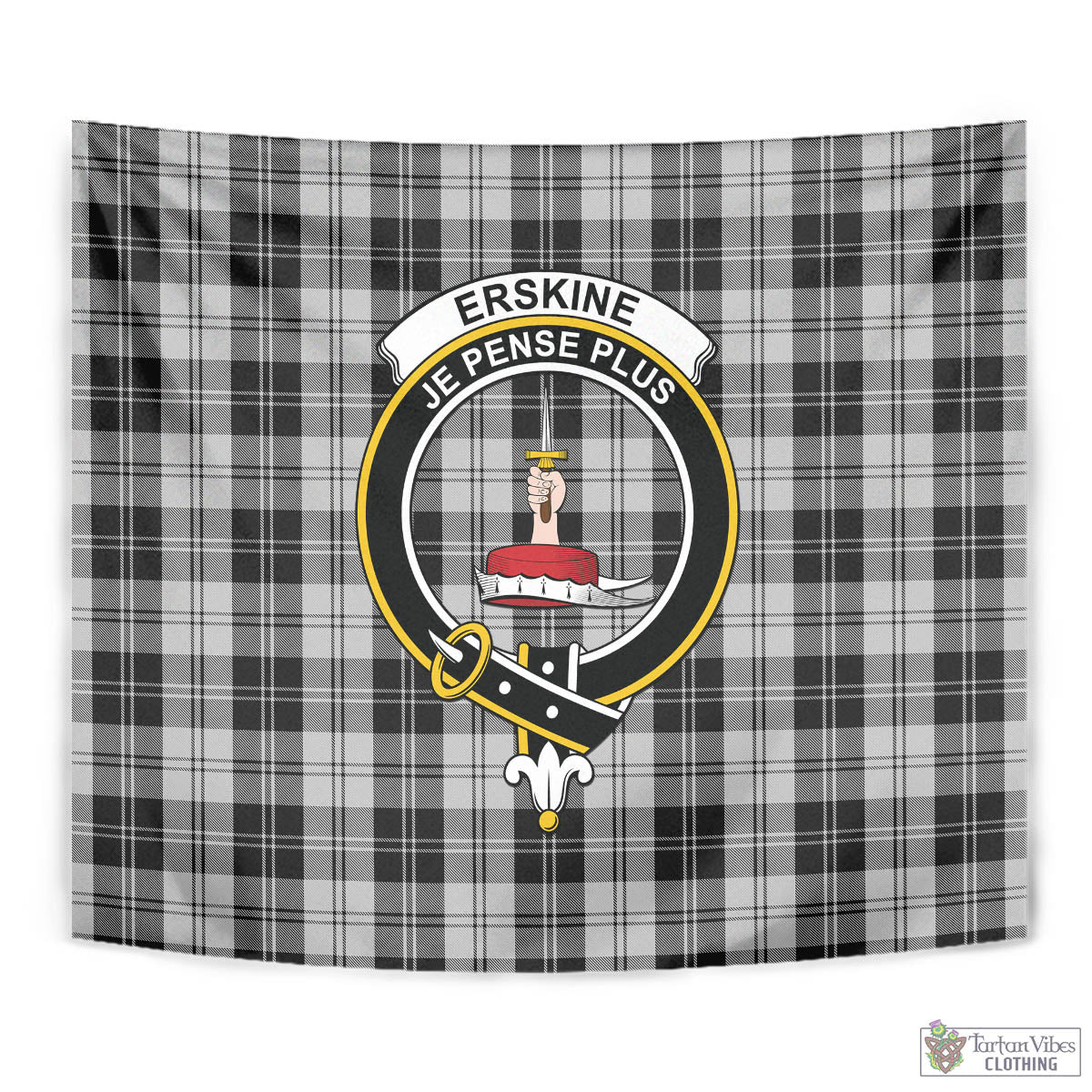 Tartan Vibes Clothing Erskine Black and White Tartan Tapestry Wall Hanging and Home Decor for Room with Family Crest