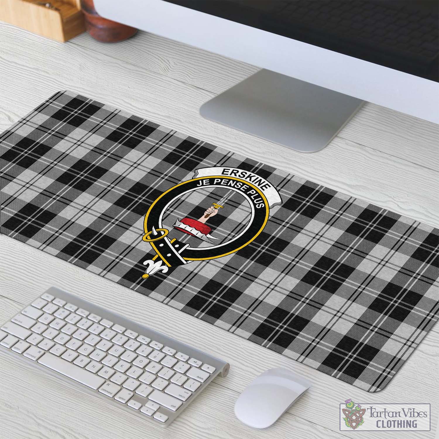 Tartan Vibes Clothing Erskine Black and White Tartan Mouse Pad with Family Crest