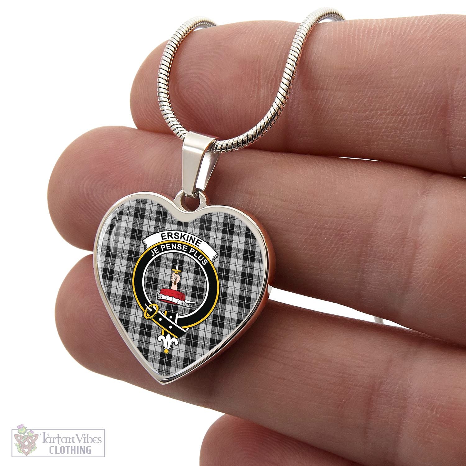 Tartan Vibes Clothing Erskine Black and White Tartan Heart Necklace with Family Crest