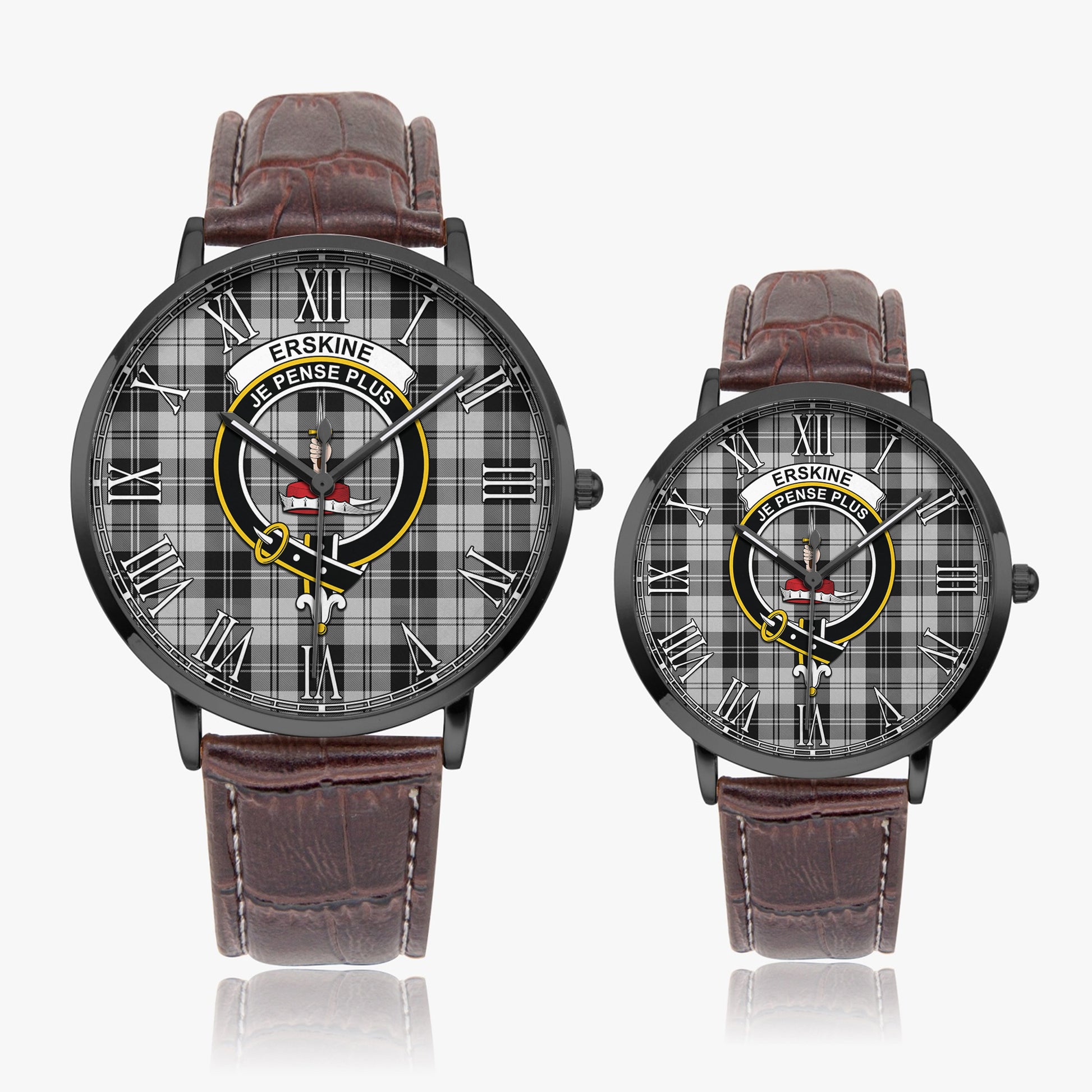 Erskine Black and White Tartan Family Crest Leather Strap Quartz Watch - Tartanvibesclothing