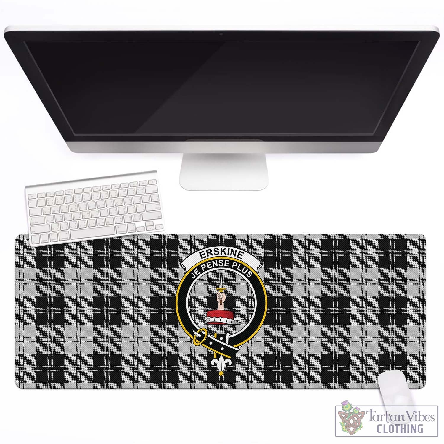 Tartan Vibes Clothing Erskine Black and White Tartan Mouse Pad with Family Crest