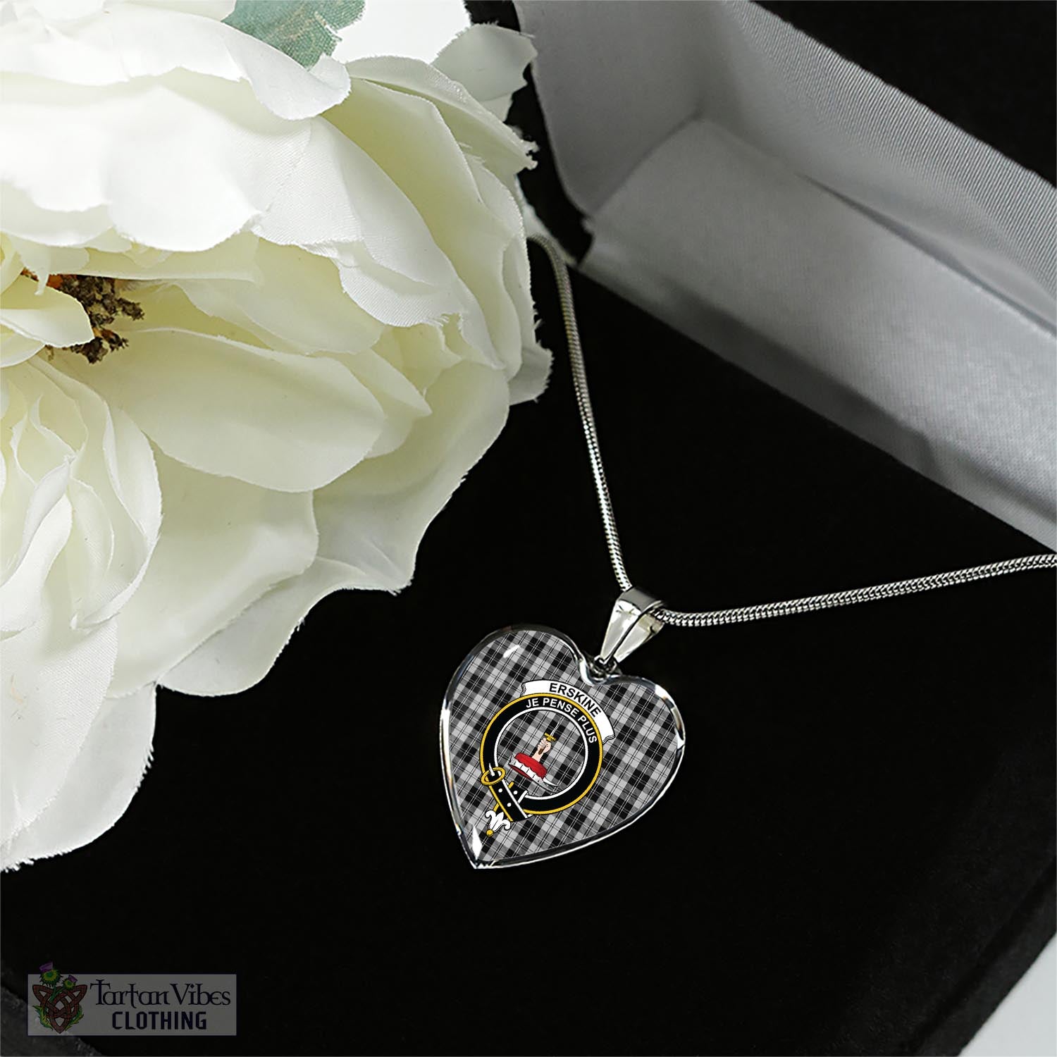 Tartan Vibes Clothing Erskine Black and White Tartan Heart Necklace with Family Crest