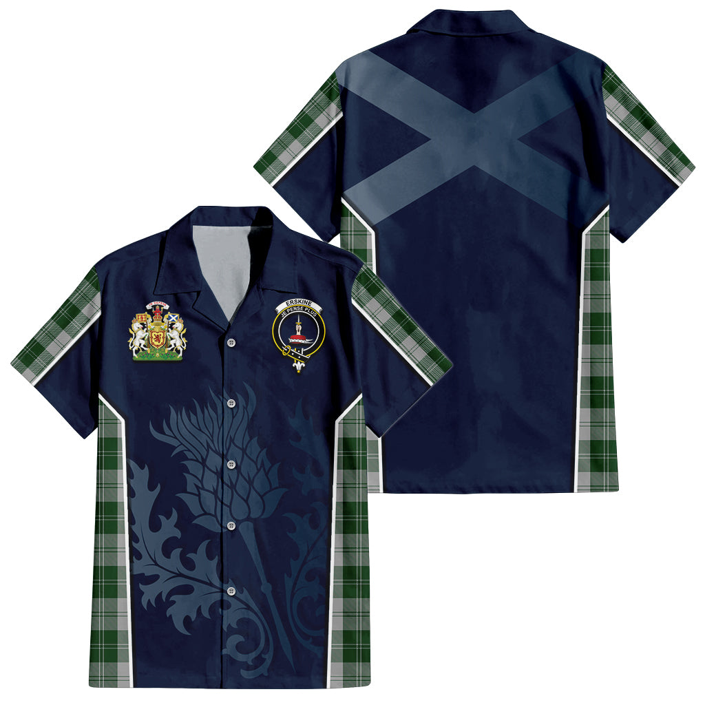 Tartan Vibes Clothing Erskine Green Tartan Short Sleeve Button Up Shirt with Family Crest and Scottish Thistle Vibes Sport Style