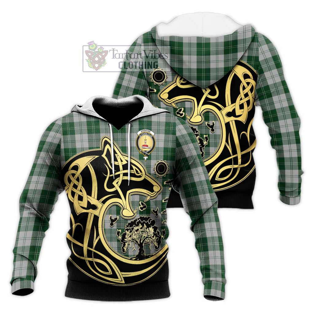 Erskine Green Tartan Knitted Hoodie with Family Crest Celtic Wolf Style Unisex Knitted Pullover Hoodie - Tartan Vibes Clothing