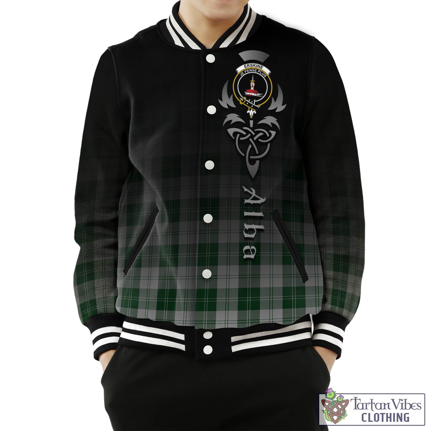 Tartan Vibes Clothing Erskine Green Tartan Baseball Jacket Featuring Alba Gu Brath Family Crest Celtic Inspired